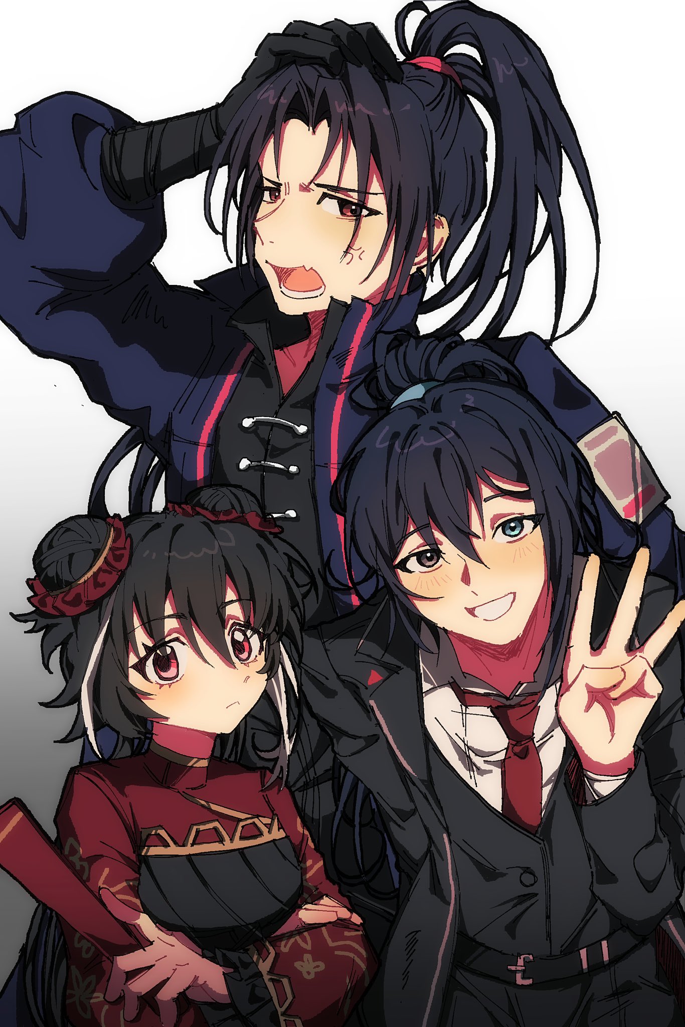qiluge, hong lu (project moon), jia huan (project moon), jia xichun (project moon), limbus company, project moon, highres, 1girl, 2boys, :<, anger vein, black coat, black dress, black eyes, black gloves, black hair, black shirt, black vest, blue coat, blue eyes, breasts, chinese clothes, coat, collared shirt, crossed arms, double bun, dress, fang, gloves, grey background, hair bun, hand fan, heterochromia, high ponytail, long hair, long sleeves, looking at viewer, multicolored hair, multiple boys, necktie, open mouth, pink eyes, ponytail, red eyes, red necktie, red shrug, rope belt, shirt, siblings, simple background, skin fang, streaked hair, twintails, upper body, vest, white background, white shirt