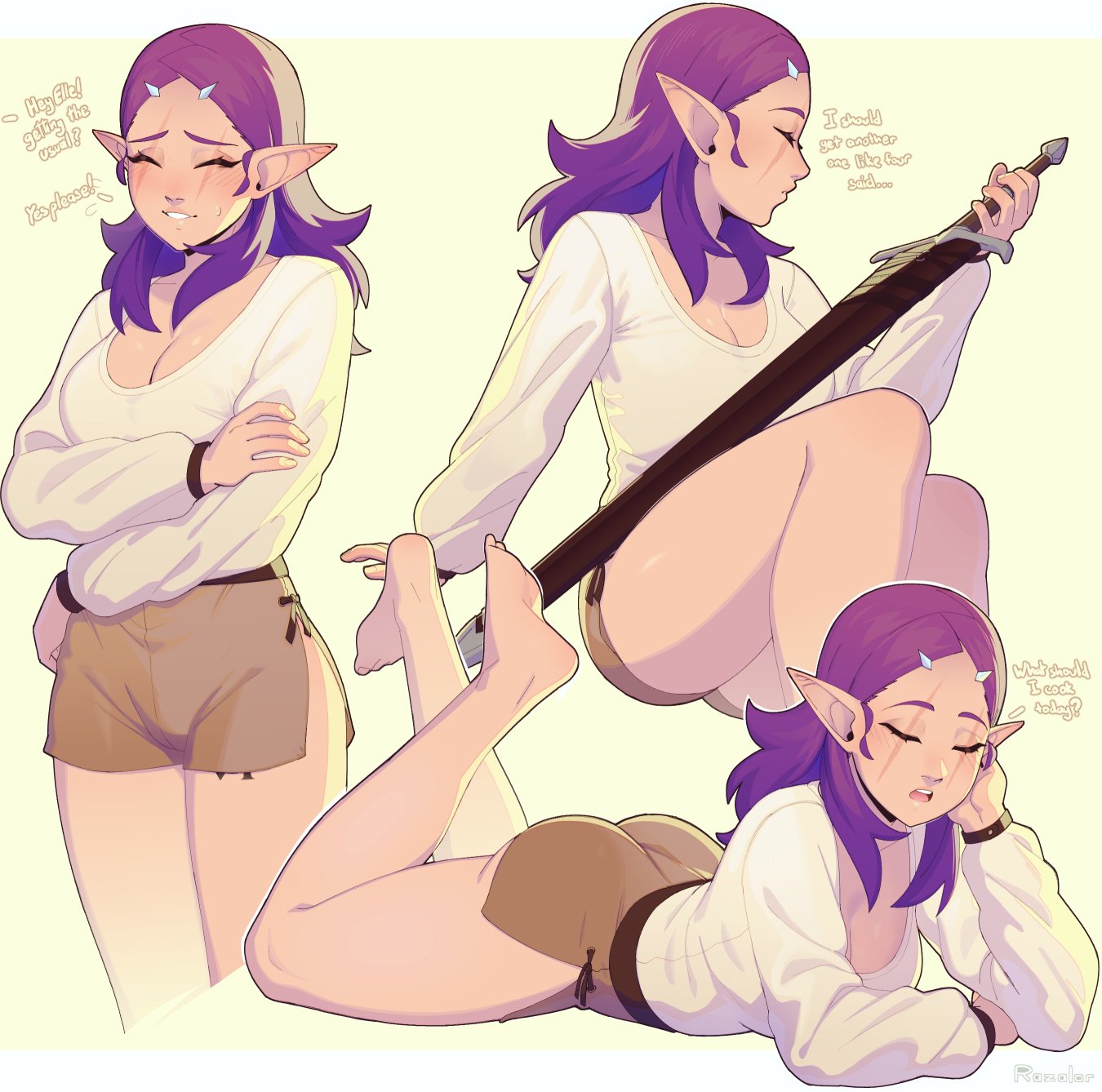 razalor, elledara (razalor), original, commentary, english commentary, highres, 1girl, artist name, ass, bare legs, barefoot, breasts, brown shorts, closed eyes, english text, feet, feet up, holding, holding sword, holding weapon, large breasts, leg tattoo, long hair, long pointy ears, long sleeves, lying, multiple views, on stomach, open mouth, pointy ears, purple hair, scar, scar across eye, scar on face, sheath, sheathed, shirt, short shorts, shorts, simple background, smile, sword, tattoo, the pose, weapon, white shirt, yellow background