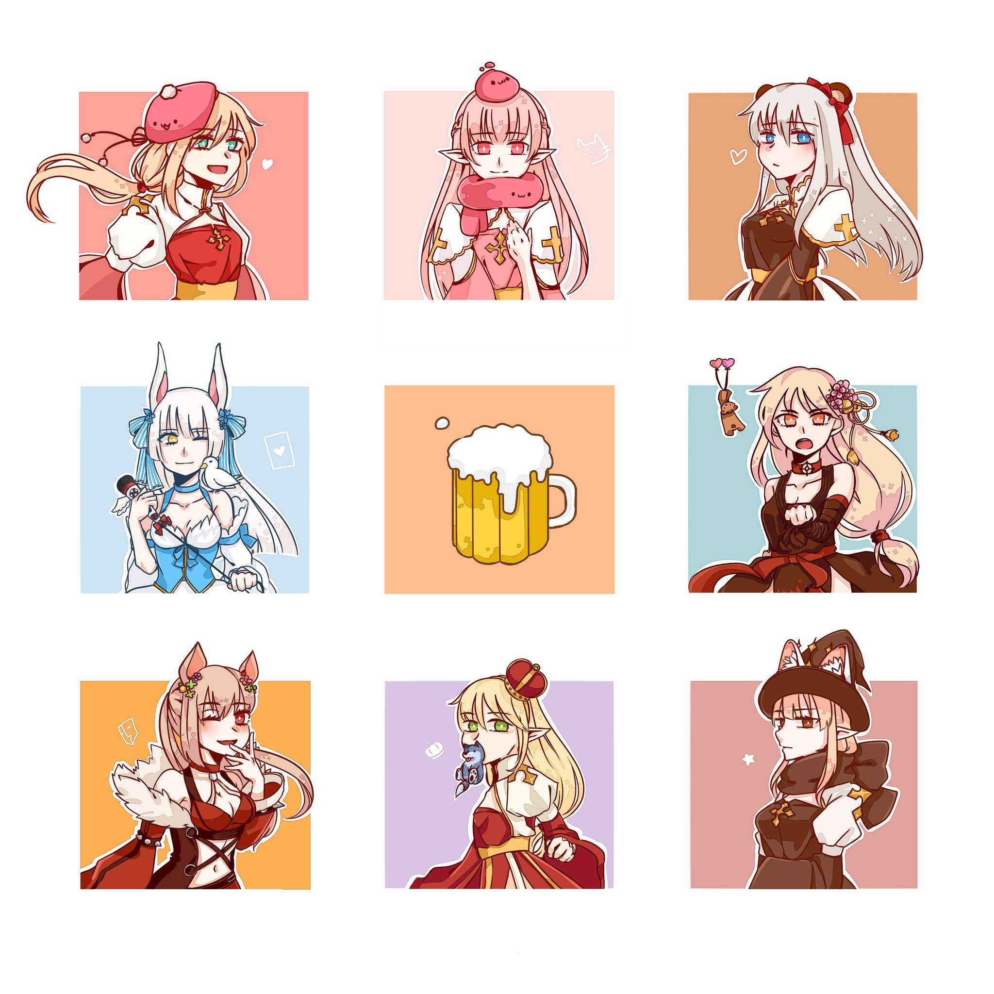 arch bishop (ragnarok online), poring, shadow chaser (ragnarok online), sura (ragnarok online), wanderer (ragnarok online), ragnarok online, commentary request, highres, 6+girls, :3, alcohol, animal ears, beer, beret, black dress, black hat, black shirt, blonde hair, blue bow, blue choker, blue corset, blue eyes, bow, braid, breasts, brown coat, brown eyes, brown hair, cat ears, cat girl, choker, cleavage cutout, closed mouth, clothing cutout, coat, corset, cross, crown, detached sleeves, dress, expressionless, flat chest, fur-trimmed sleeves, fur trim, green eyes, hair bow, half up braid, hat, juliet sleeves, long hair, long sleeves, looking at viewer, low ponytail, medium breasts, muka (vive1324), multiple girls, official alternate costume, one eye closed, open clothes, open coat, open mouth, orange eyes, pink dress, pink eyes, pink hair, pink hat, pointy ears, ponytail, puffy sleeves, rabbit ears, rabbit girl, red dress, red eyes, red sleeves, red sports bra, sash, scarf, shirt, simple background, sleeveless, sleeveless dress, sleeveless shirt, small breasts, smile, sports bra, two-tone dress, upper body, white background, white dress, white hair, wide sleeves, witch hat, yellow eyes, yellow sash
