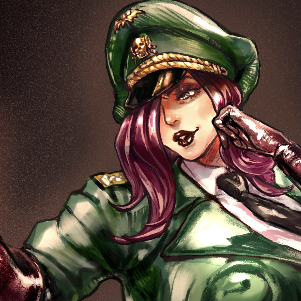 bubububu bbb, uniform, highres, 1girl, black lips, eyeshadow, gloves, hair over one eye, hat, lipstick, long hair, makeup, military, military hat, military uniform, necktie, peaked cap, solo