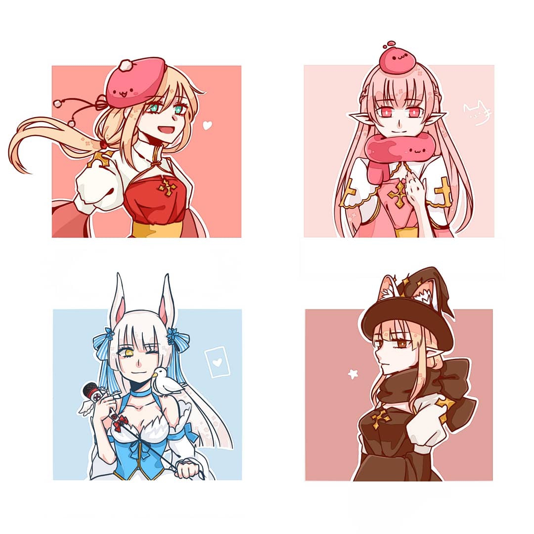 arch bishop (ragnarok online), poring, wanderer (ragnarok online), ragnarok online, commentary request, 4girls, :3, animal ears, beret, black dress, black hat, blonde hair, blue bow, blue choker, blue corset, bow, braid, breasts, brown eyes, choker, cleavage cutout, closed mouth, clothing cutout, corset, cross, detached sleeves, dress, expressionless, flat chest, hair bow, half up braid, hat, juliet sleeves, long hair, long sleeves, looking at viewer, low ponytail, medium breasts, muka (vive1324), multiple girls, official alternate costume, one eye closed, open mouth, pink dress, pink eyes, pink hair, pink hat, pointy ears, ponytail, puffy sleeves, rabbit ears, rabbit girl, sash, scarf, simple background, sleeveless, sleeveless dress, small breasts, smile, two-tone dress, upper body, white background, white dress, wide sleeves, witch hat, yellow eyes, yellow sash