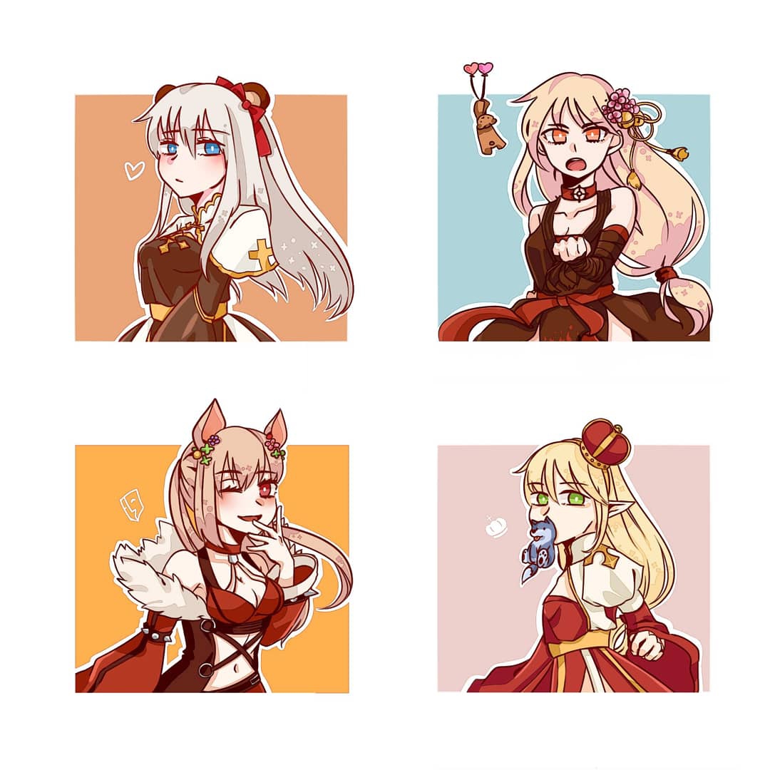 arch bishop (ragnarok online), shadow chaser (ragnarok online), sura (ragnarok online), ragnarok online, commentary request, 4girls, animal ears, black dress, black shirt, blonde hair, blue eyes, brown coat, brown hair, cat ears, cat girl, cleavage cutout, closed mouth, clothing cutout, coat, cross, crown, detached sleeves, dress, fur-trimmed sleeves, fur trim, green eyes, juliet sleeves, long hair, long sleeves, looking at viewer, muka (vive1324), multiple girls, official alternate costume, one eye closed, open clothes, open coat, open mouth, orange eyes, pointy ears, puffy sleeves, red dress, red eyes, red sleeves, red sports bra, sash, shirt, simple background, sleeveless, sleeveless shirt, smile, sports bra, two-tone dress, upper body, white background, white dress, white hair, yellow sash
