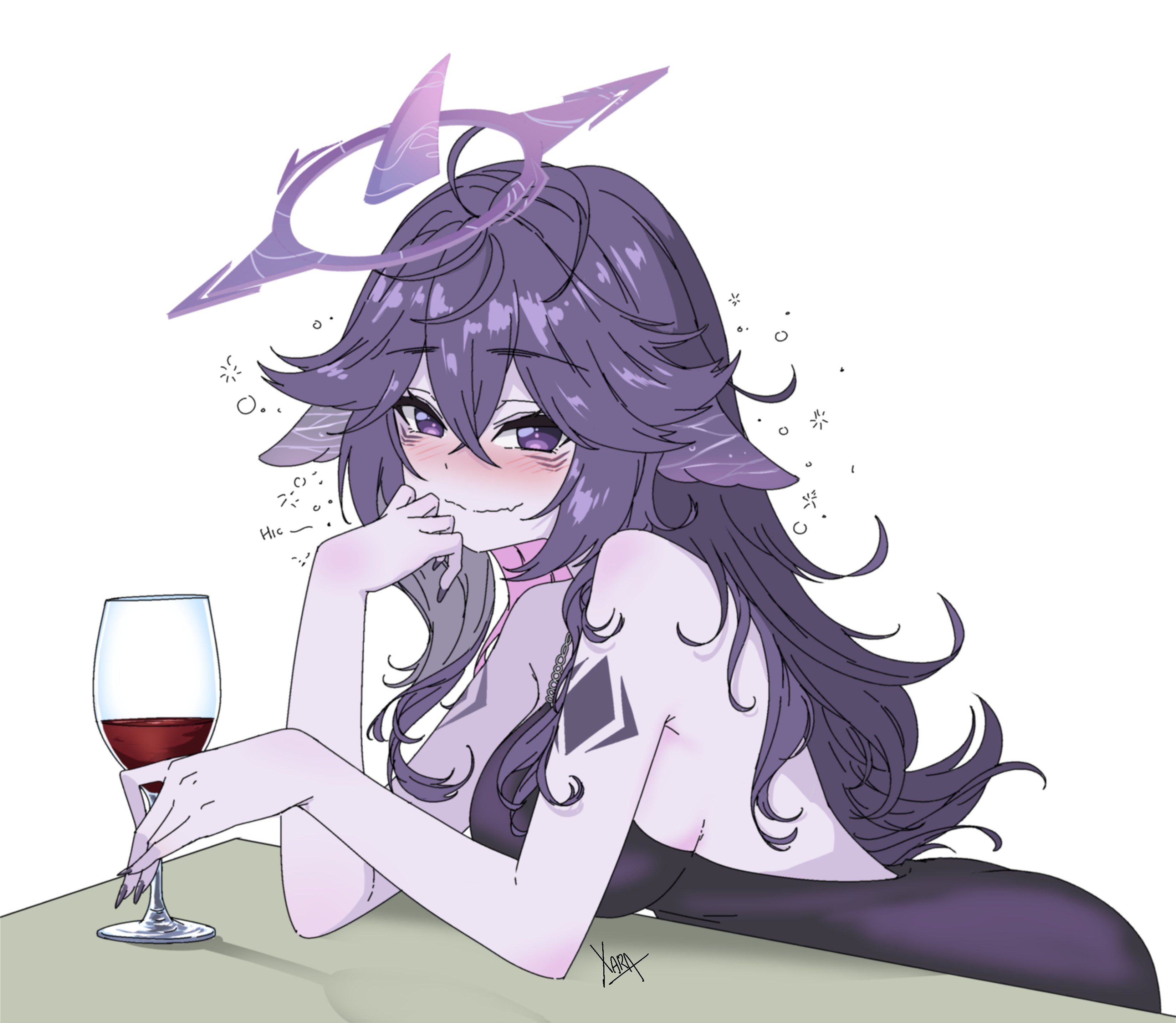 megalodon (vtuber), indie virtual youtuber, absurdres, commentary, english commentary, highres, 1girl, alcohol, arm tattoo, black dress, blush, breasts, closed mouth, colored skin, cup, dress, drink, drinking glass, drunk, eyelashes, fang, grey skin, halo, hiccup, long hair, nail polish, nose blush, purple eyes, purple hair, purple nails, signature, simple background, skin fang, sleeveless, sleeveless dress, smile, solo, tattoo, virtual youtuber, wavy mouth, white background, wine, wine glass, xarakura xara