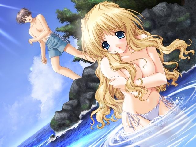 kimizuka aoi, 3ldk, game cg, tagme, bikini, blonde hair, blue eyes, breasts, cleavage, covering breasts, covering privates, dutch angle, long hair, outdoors, side-tie bikini bottom, swimsuit, topfreedom, topless female, water