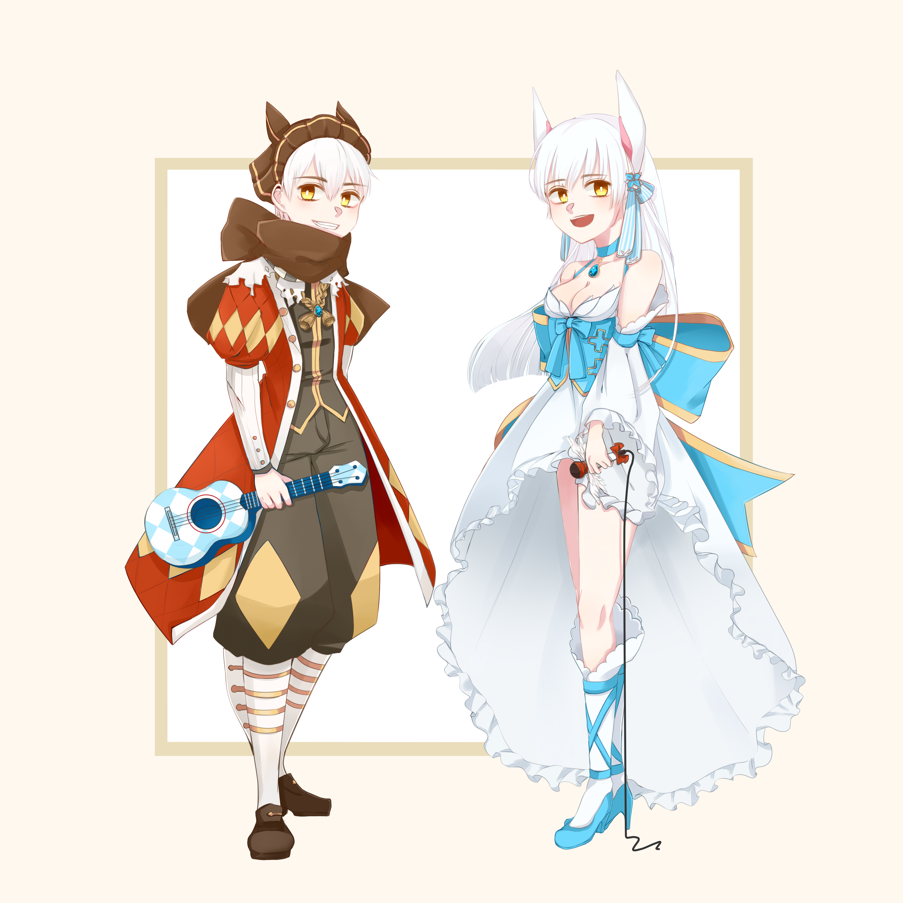 minstrel (ragnarok online), wanderer (ragnarok online), ragnarok online, absurdres, commentary request, highres, 1boy, 1girl, acoustic guitar, animal ears, argyle clothes, argyle coat, baggy pants, black pants, black vest, blue corset, blue gemstone, blue shoes, bow, breasts, brown shoes, cleavage, coat, corset, detached sleeves, dress, frilled dress, frilled sleeves, frills, full body, gem, grey background, grin, guitar, headdress, high heels, holding, holding guitar, holding instrument, instrument, kneehighs, long hair, looking at viewer, medium breasts, muka (vive1324), official alternate costume, open mouth, pants, rabbit ears, rabbit girl, red coat, shoes, short hair, sleeveless, sleeveless dress, smile, socks, standing, vest, white dress, white hair, white sleeves, white socks, wide sleeves, yellow eyes