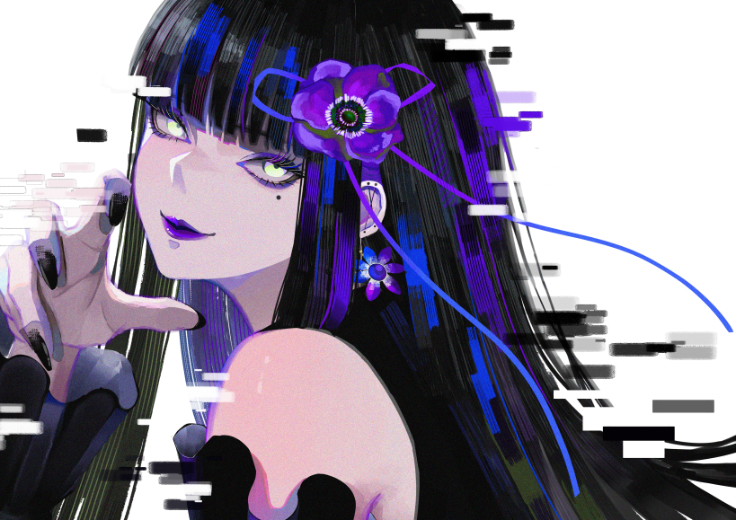 syakemayusan, original, 1girl, bare shoulders, black hair, black nails, black sleeves, blue streaks, blunt bangs, detached sleeves, earrings, eyeliner, flower, hair flower, hair ornament, hand up, jewelry, light smile, lips, long hair, looking at viewer, makeup, mole, mole under eye, multicolored hair, nail polish, purple eyeliner, purple lips, purple streaks, ribbon, shadow, streaked hair, white background