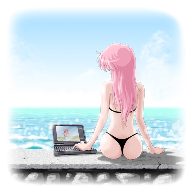 kuninin, tagme, ass, bikini, computer, computer keyboard, laptop, ocean, pink hair, sky, swimsuit, thong, water