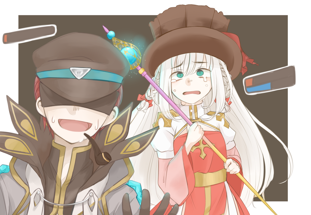 arch bishop (ragnarok online), warlock (ragnarok online), ragnarok online, commentary request, variant set, 1boy, 1girl, black gloves, black hat, black shirt, blindfold, blue eyes, braid, brown hat, coat, cross, dress, gloves, grey background, grey coat, hat, health bar, holding, holding staff, juliet sleeves, long hair, long sleeves, muka (vive1324), open mouth, peaked cap, puffy sleeves, red dress, red hair, sash, shirt, short hair, simple background, smile, staff, top hat, twin braids, two-tone dress, upper body, white background, white dress, white hair, yellow sash