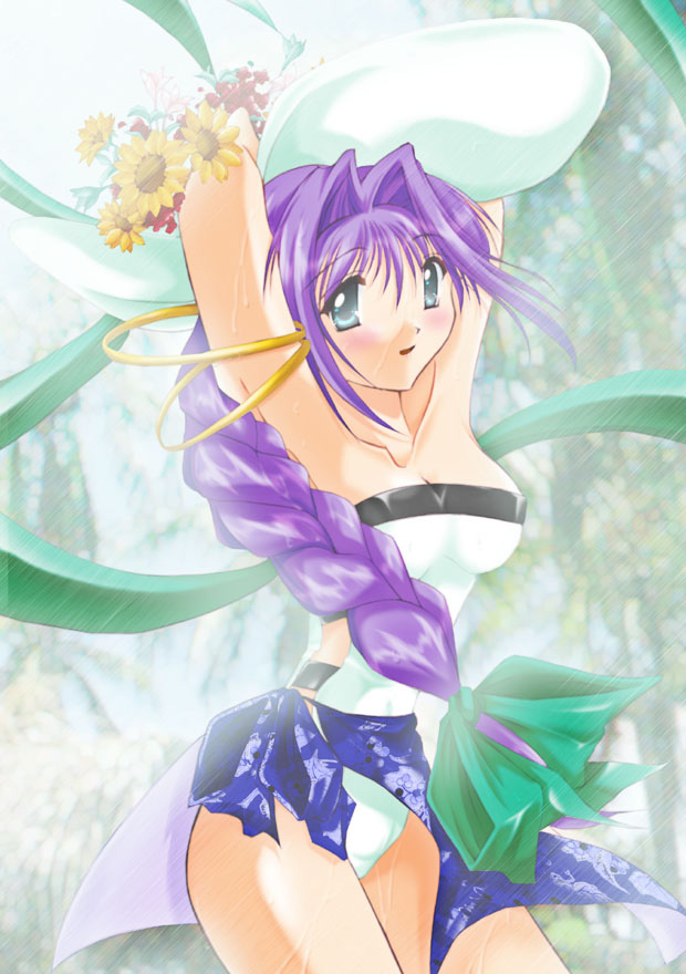minase akiko, kanon, blue eyes, blush, braid, flower, hat, long hair, purple hair, swimsuit, very long hair