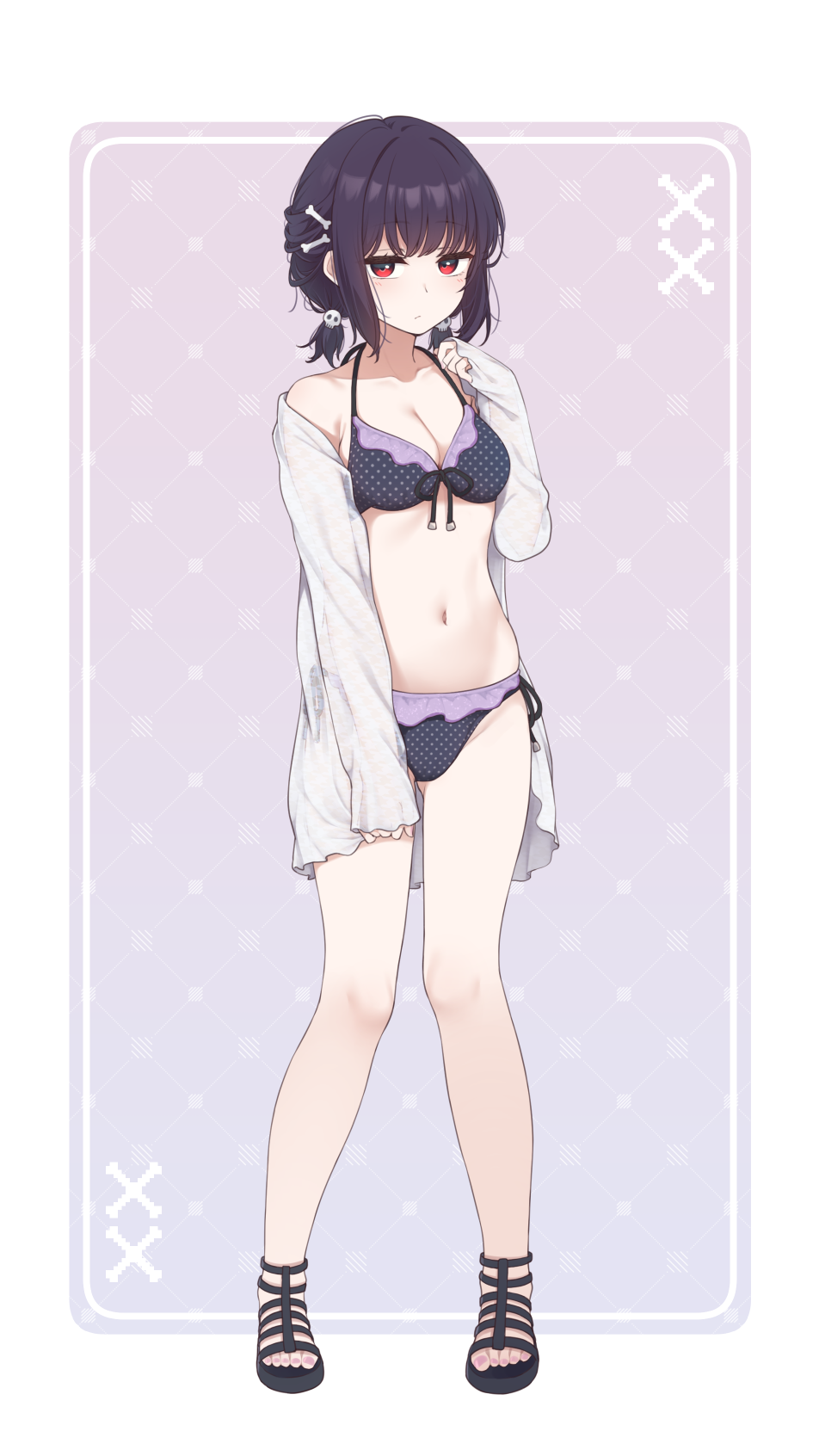 nagami yuu, original, highres, 1girl, bikini, black bikini, black hair, bone hair ornament, breasts, cartoon bone, cleavage, frilled bikini, frills, full body, gradient background, hair ornament, jacket, looking at viewer, low twintails, medium breasts, open-toe shoes, red eyes, short hair, short twintails, side-tie bikini bottom, skull hair ornament, solo, standing, swimsuit, twintails, white jacket