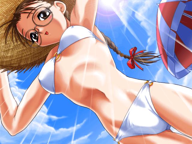 minazuki tooru, hoshina tomoko, aquaplus, to heart, to heart (series), 1girl, beach umbrella, bikini, blush, braid, breasts, brown eyes, brown hair, brown hat, cloud, covered erect nipples, glasses, hair ribbon, hat, large breasts, lens flare, light rays, long hair, navel, o-ring, o-ring bikini, open mouth, red ribbon, ribbon, single braid, sky, smile, standing, straw hat, sun, sun hat, sunbeam, sunlight, swimsuit, umbrella, white bikini