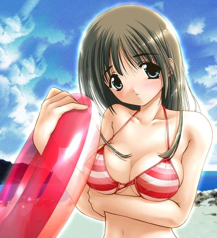washimi tsutomu, 1girl, beach, bikini, blue eyes, breasts, brown hair, female focus, innertube, large breasts, outdoors, sky, solo, striped bikini, striped clothes, swim ring, swimsuit