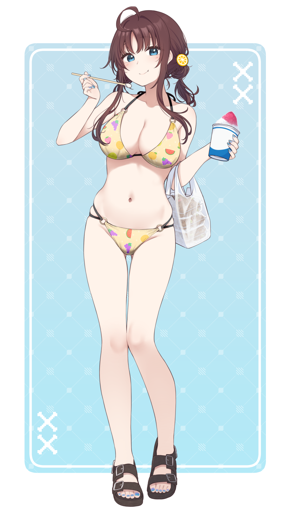 nagami yuu, original, highres, 1girl, :t, ahoge, bag, bare arms, bare shoulders, bikini, black sandals, blue background, blue eyes, blue nails, border, breasts, brown bikini, brown hair, closed mouth, collarbone, cup, disposable cup, eating, food, food print, fruit print, full body, gluteal fold, groin, hands up, holding, holding cup, holding spoon, large breasts, long hair, looking at viewer, multi-strapped bikini bottom, nail polish, navel, o-ring, o-ring bikini, o-ring bottom, o-ring top, plastic bag, print bikini, sandals, shaved ice, solo, spoon, standing, swimsuit, thigh gap, toenail polish, toenails, white border, yakisoba