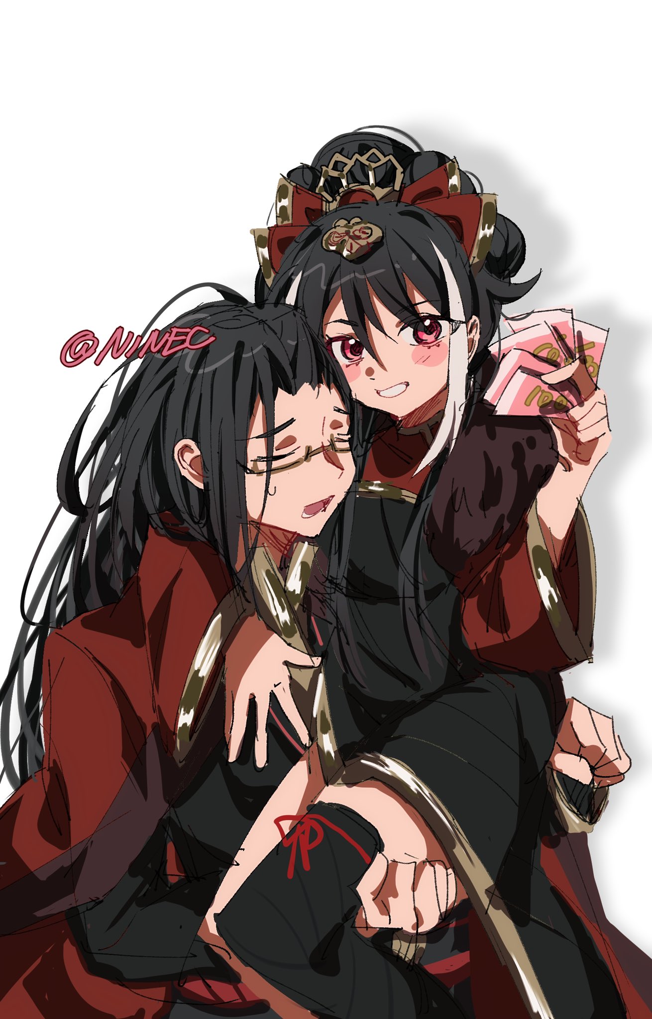 qiluge, jia xichun (project moon), limbus company, project moon, highres, 1boy, 1girl, black dress, black hair, chinese clothes, closed eyes, coat, coat on shoulders, double bun, dress, fur-trimmed coat, fur trim, glasses, hair bun, long hair, long sleeves, looking at viewer, multicolored hair, official alternate costume, pink eyes, red coat, red shrug, simple background, standing, streaked hair, twintails, upper body, wei (project moon), white background
