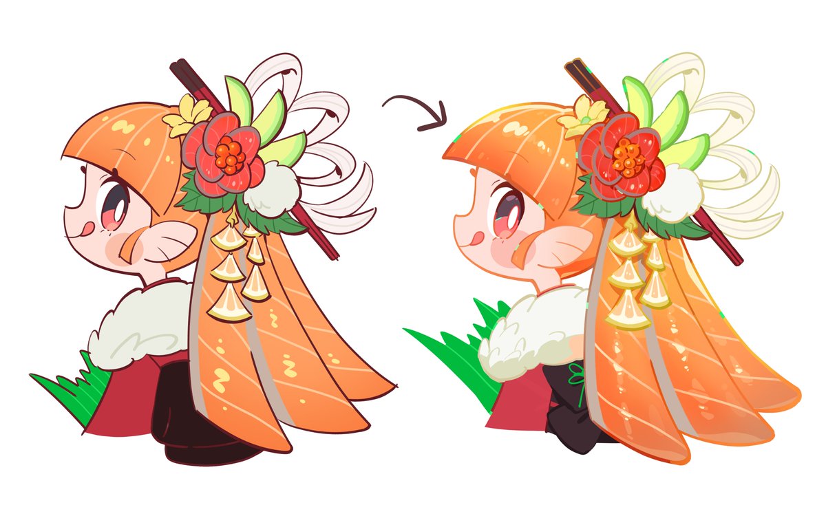 gaogao (gaogaomegu), original, 1girl, brown eyes, closed eyes, furisode, hair ornament, japanese clothes, kimono, long hair, looking at viewer, orange hair, profile, salmon, standing, tongue, tongue out, white background