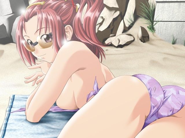 yuyi, yamamoto yukari, hoshizora planet, 1girl, ass, beach, beach towel, bikini, breasts, female focus, grass, hair ornament, large breasts, long hair, looking at viewer, looking back, ponytail, purple bikini, purple eyes, red hair, rock, sand, smile, solo, sunbathing, sunglasses, swimsuit, topless female, towel, unworn bikini top