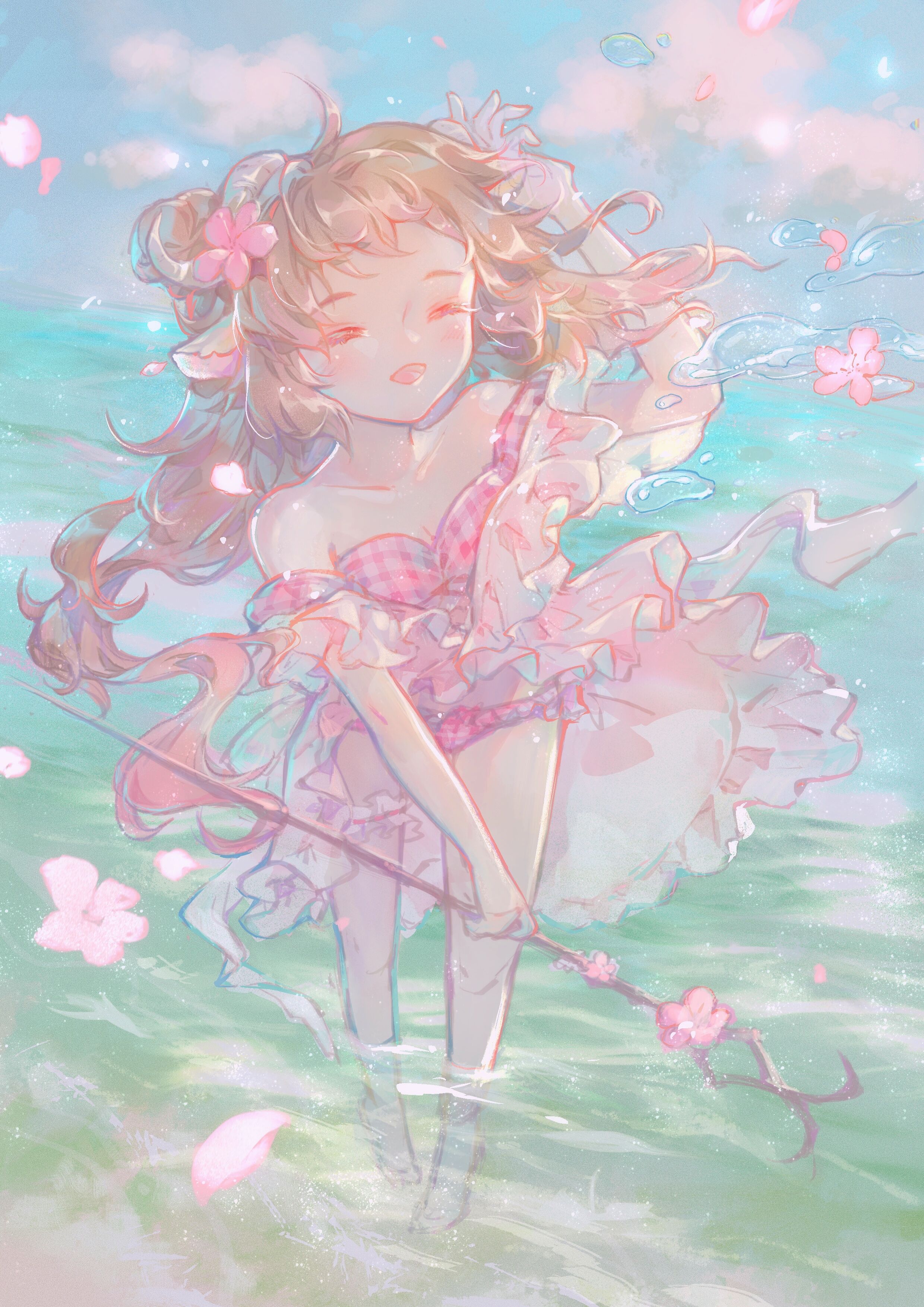 neko ye, eyjafjalla (arknights), eyjafjalla (summer flower) (arknights), arknights, absurdres, highres, procreate (medium), 1girl, ^ ^, animal ears, bare arms, bare legs, bare shoulders, barefoot, bikini, bikini under clothes, blue sky, breasts, brown hair, cherry blossoms, cleavage, closed eyes, cloud, collarbone, colored tips, day, detached sleeves, dress, floating clothes, floating hair, flower, frilled bikini, frilled dress, frilled sleeves, frilled thigh strap, frills, full body, hand on own head, happy, holding, holding staff, horizontal pupils, horns, knees, light particles, long hair, medium dress, multicolored hair, ocean, official alternate costume, open mouth, outdoors, petals, pink bikini, pink dress, pink flower, pink sleeves, plaid bikini, plaid clothes, plaid sleeves, puffy short sleeves, puffy sleeves, sheep ears, sheep girl, sheep horns, sheep tail, short sleeves, sidelocks, sky, small breasts, smile, solo, staff, strapless, strapless bikini, swimsuit, tail, thigh strap, very long hair, wading, water, white horns, wind