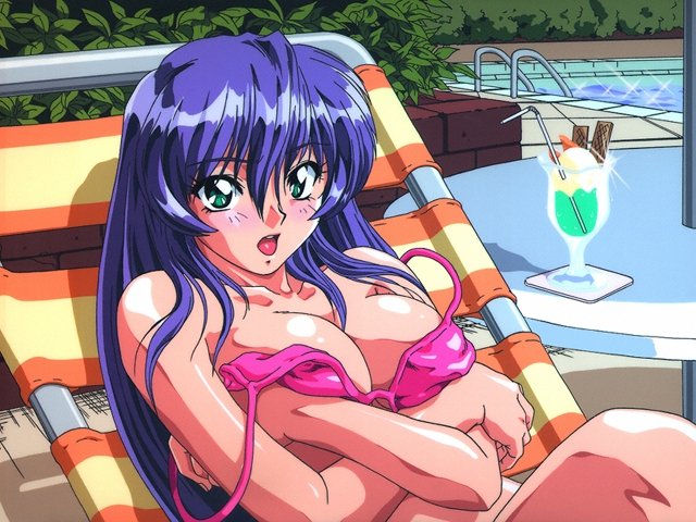 1girl, blue hair, blue theme, blush, breasts, crossed arms, female focus, grabbing own breast, green eyes, open mouth, pool, shiny skin, solo, swimsuit, tongue, tongue out, wardrobe malfunction