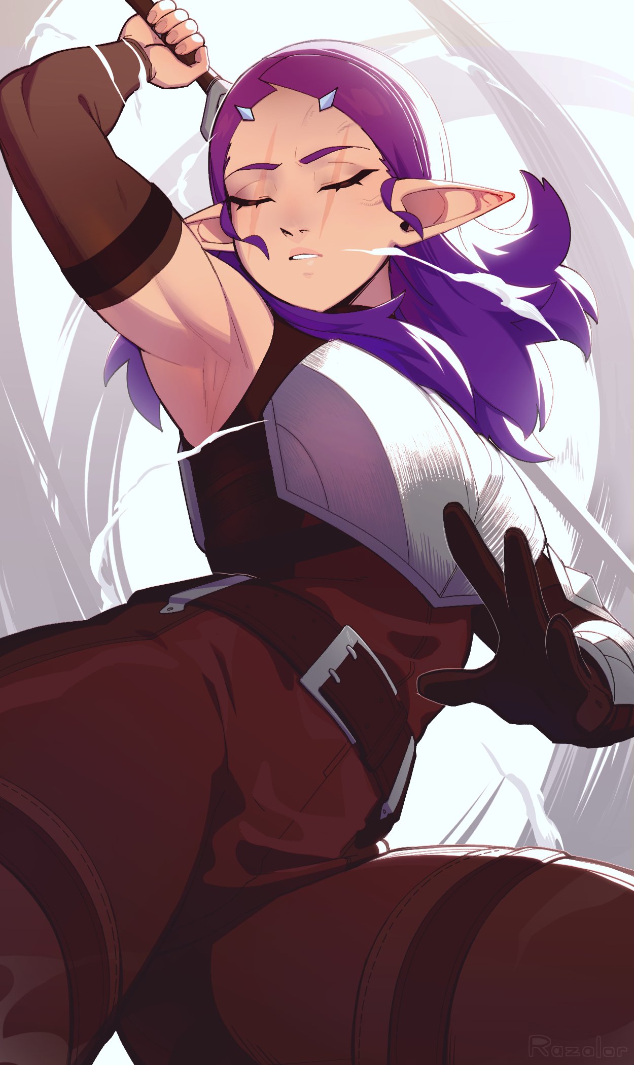 razalor, elledara (razalor), original, commentary, highres, 1girl, arm up, armor, armpits, artist name, belt, bracer, breastplate, brown gloves, brown pants, closed eyes, elbow gloves, facing viewer, forehead, gloves, long hair, long pointy ears, pants, parted lips, pointy ears, purple hair, scar, scar across eye, scar on face, serious, solo, sword, toned, toned female, weapon