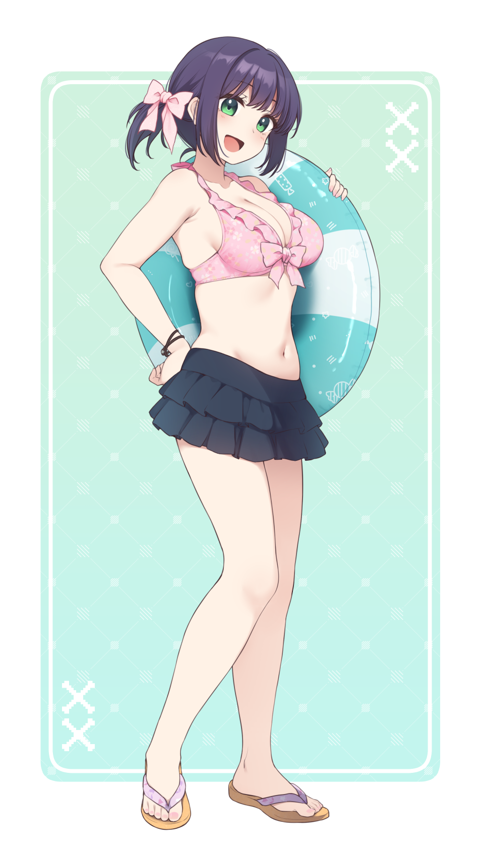 nagami yuu, original, highres, 1girl, :d, bare shoulders, bikini, black hair, black skirt, blush, border, bow, breasts, brown sandals, cleavage, flip-flops, frilled bikini, frills, green background, green eyes, hair bow, hand on own hip, hand up, holding, holding swim ring, innertube, layered skirt, looking at viewer, low ponytail, medium breasts, nail polish, navel, open mouth, pink bikini, pink bow, pink nails, pleated skirt, ponytail, sandals, sidelocks, skirt, smile, solo, swim ring, swimsuit, toenail polish, toenails, white border