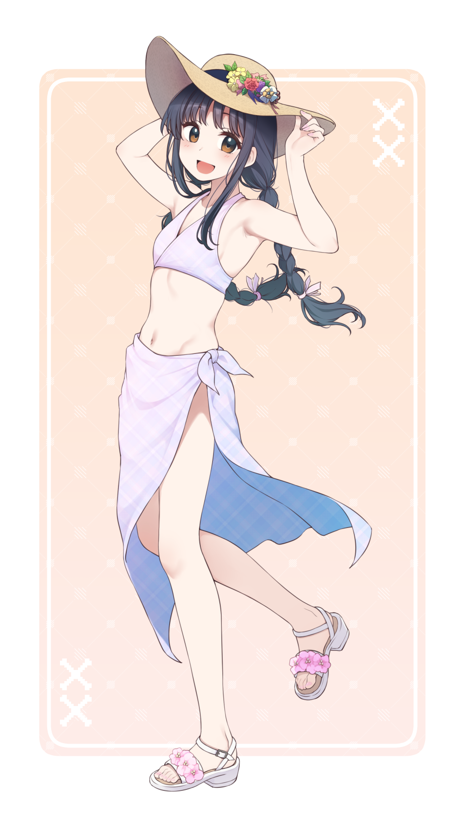 nagami yuu, original, highres, 1girl, :d, arm behind head, armpits, arms up, bare arms, bare shoulders, bikini, black hair, blush, border, braid, brown background, brown eyes, brown hat, flower, full body, groin, hands on headwear, hat, hat flower, long hair, looking at viewer, low twintails, navel, open mouth, purple bikini, purple flower, purple rose, red flower, red rose, rose, sandals, sarong, smile, solo, standing, standing on one leg, sun hat, swimsuit, twin braids, twintails, very long hair, white border, white flower, white sandals, yellow flower