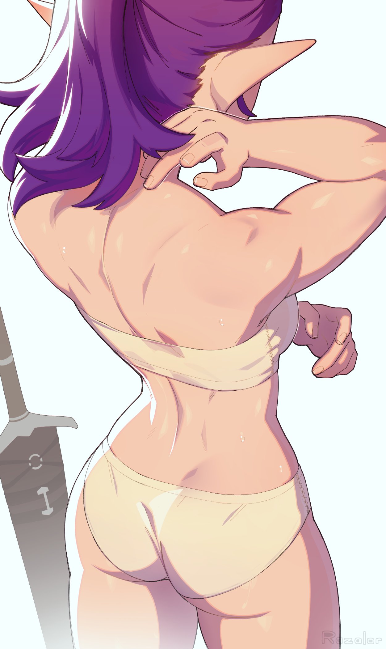 razalor, elledara (razalor), original, commentary, highres, 1girl, artist name, ass, back, bare arms, bare legs, bare shoulders, bra, breasts, cowboy shot, from behind, long hair, long pointy ears, medium breasts, panties, pointy ears, purple hair, sheath, sheathed, shoulder blades, simple background, solo, sweat, sword, toned, toned female, underwear, underwear only, weapon, yellow bra, yellow panties