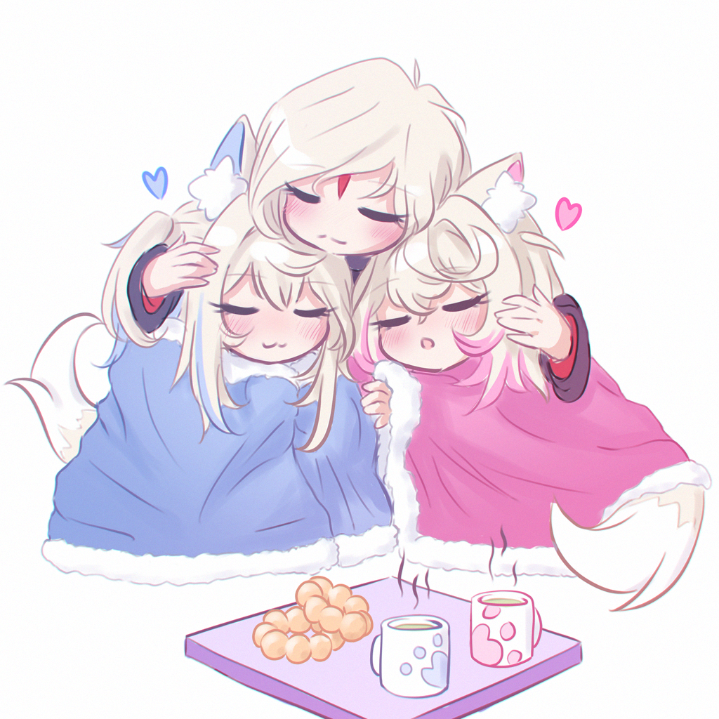 fuwawa abyssgard, mama puppy (fuwamoco), mococo abyssgard, hololive, hololive english, commentary, english commentary, 3girls, :3, animal ear fluff, animal ears, blanket, blonde hair, blush, chestnut mouth, closed mouth, dated commentary, dog ears, dog girl, dog tail, donut, family, food, fur trim, heart, hug, mother and daughter, multicolored hair, multiple girls, open mouth, paw print, pon de ring, short twintails, siblings, sisters, sleeping, steam, streaked hair, table, tail, tea, twins, twintails, under covers, white background, yurimiyanae