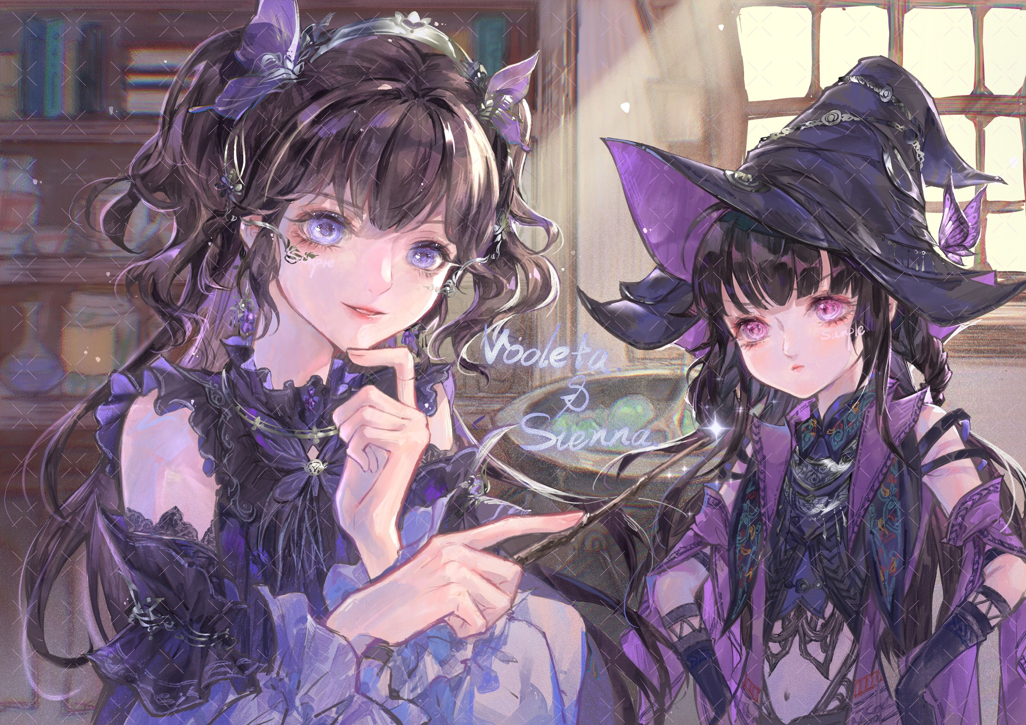 neko ye, jianxia qingyuan (series), jianxia qingyuan online 3, original, absurdres, commission, highres, procreate (medium), 2girls, annoyed, bare shoulders, black dress, black gloves, black hair, black hairband, black pants, black shirt, black sleeves, blunt bangs, book, bookshelf, braid, brooch, brown hair, butterfly brooch, butterfly hair ornament, cauldron, closed mouth, clothing cutout, collared dress, collared vest, cowboy shot, day, detached sleeves, dress, expressionless, eyelashes, fingernails, frilled dress, frills, furrowed brow, gloves, hair between eyes, hair ornament, hair ribbon, hairband, hand on own chin, hands on own hips, happy, hat, holding, holding wand, jewelry, layered sleeves, light particles, light rays, lipstick, long hair, long sleeves, looking at another, makeup, marking on cheek, multiple girls, navel, open clothes, open vest, pants, parted lips, pink eyes, pink lips, potion, puffy long sleeves, puffy sleeves, purple dress, purple eyes, purple ribbon, purple sleeves, purple vest, ribbon, sample watermark, shirt, short over long sleeves, short sleeves, smile, sparkle, spoon, standing, stomach cutout, teeth, twin braids, two-tone dress, two side up, vest, wand, watermark, watermark grid, wavy hair, wide sleeves, window, witch, witch hat, wooden spoon