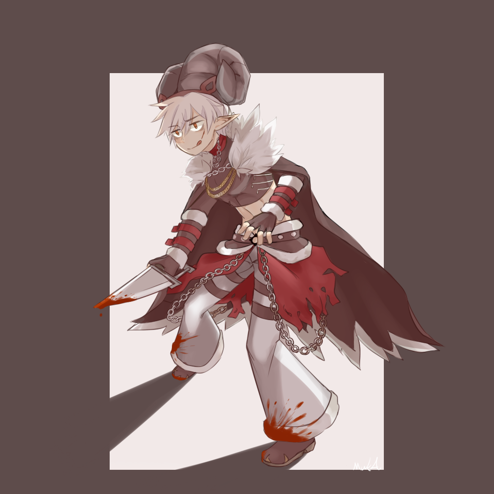 shadow chaser (ragnarok online), ragnarok online, commentary request, 1boy, :q, black cape, black gloves, black shirt, blood, blood splatter, brown background, brown shoes, cape, chain, chain necklace, closed mouth, crop top, curled horns, dagger, fake horns, fingerless gloves, full body, fur collar, gloves, grey horns, holding, holding dagger, holding knife, holding weapon, horns, jewelry, knife, looking afar, male focus, midriff, muka (vive1324), necklace, official alternate costume, orange eyes, pants, pointy ears, shirt, shoes, short hair, smile, solo, standing, tongue, tongue out, torn cape, torn clothes, waist cape, weapon, white pants