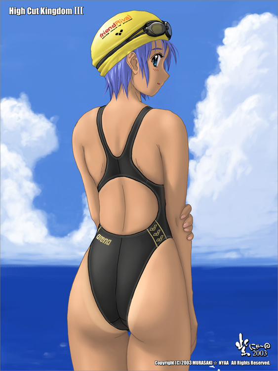 nyanko batake, arena (company), 1girl, 2003, ass, back, back cutout, blue sky, blush, clothing cutout, competition swimsuit, curvy, dated, goggles, goggles on head, green eyes, highleg, highleg one-piece swimsuit, looking at viewer, looking back, ocean, one-piece swimsuit, purple hair, sky, swim cap, swimsuit, tan, tanline, water