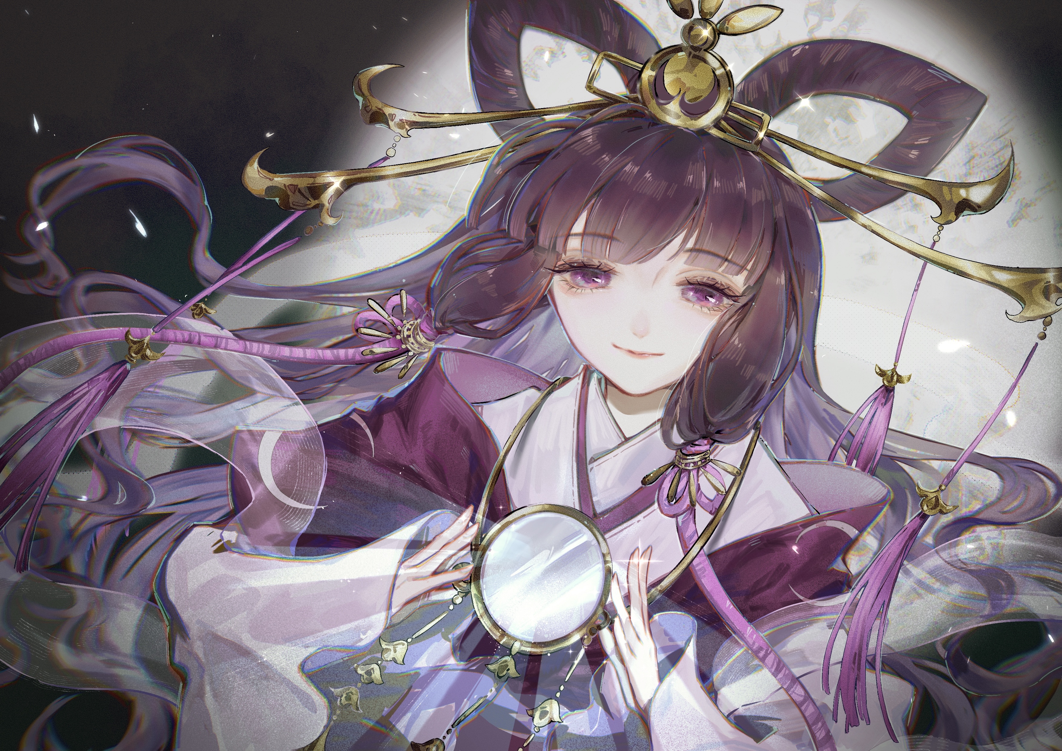 neko ye, daidouji tomoyo, cardcaptor sakura, absurdres, highres, procreate (medium), 1girl, alternate costume, black sky, bow-shaped hair, closed mouth, eyelashes, floating hair, full moon, hair ornament, hair rings, hairpin, happy, holding, holding mirror, light blush, light particles, lipstick, long hair, long sleeves, looking at viewer, makeup, mirror, moon, multiple hairpins, night, night sky, outdoors, petals, pink lips, purple eyes, purple hair, purple hanfu, sky, smile, solo, tassel, tassel hair ornament, upper body, very long hair, wavy hair, wide sleeves