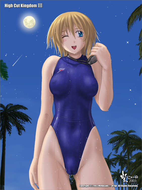 nyanko batake, speedo (company), 2003, beach, blonde hair, blue eyes, blush, breasts, cameltoe, competition swimsuit, covered erect nipples, full moon, goggles, goggles around neck, highleg, highleg one-piece swimsuit, looking to the side, medium breasts, medium hair, moon, night, one-piece swimsuit, one eye closed, palm tree, shooting star, swimsuit, tree, wet