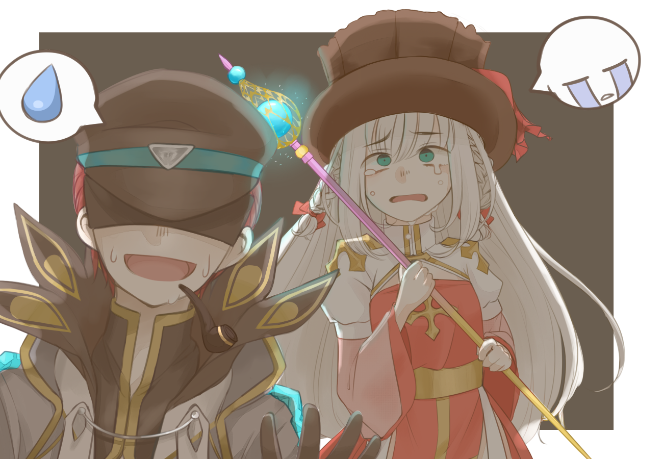 arch bishop (ragnarok online), warlock (ragnarok online), ragnarok online, commentary request, variant set, 1boy, 1girl, black gloves, black hat, black shirt, blindfold, blue eyes, braid, brown hat, coat, cross, crying, dress, gloves, grey background, grey coat, hat, holding, holding staff, juliet sleeves, long hair, long sleeves, muka (vive1324), open mouth, peaked cap, puffy sleeves, red dress, red hair, sash, shirt, short hair, simple background, smile, spoken sweatdrop, staff, streaming tears, sweatdrop, tears, top hat, twin braids, two-tone dress, upper body, white background, white dress, white hair, yellow sash