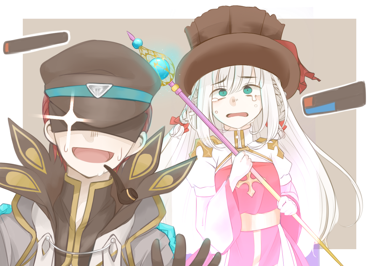 arch bishop (ragnarok online), warlock (ragnarok online), ragnarok online, commentary request, variant set, 1boy, 1girl, black gloves, black hat, black shirt, blindfold, blue eyes, braid, brown hat, coat, cross, dress, glint, gloves, grey background, grey coat, hat, health bar, holding, holding staff, juliet sleeves, long hair, long sleeves, muka (vive1324), open mouth, peaked cap, puffy sleeves, red dress, red hair, sash, shirt, short hair, simple background, smile, staff, top hat, twin braids, two-tone dress, upper body, white background, white dress, white hair, yellow sash