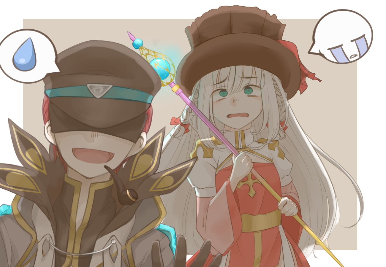 arch bishop (ragnarok online), warlock (ragnarok online), ragnarok online, commentary request, variant set, 1boy, 1girl, black gloves, black hat, black shirt, blindfold, blue eyes, braid, brown hat, coat, cross, crying, dress, gloves, grey background, grey coat, hat, holding, holding staff, juliet sleeves, long hair, long sleeves, muka (vive1324), open mouth, peaked cap, puffy sleeves, red dress, red hair, sash, shirt, short hair, simple background, smile, spoken sweatdrop, staff, streaming tears, sweatdrop, tears, top hat, twin braids, two-tone dress, upper body, white background, white dress, white hair, yellow sash