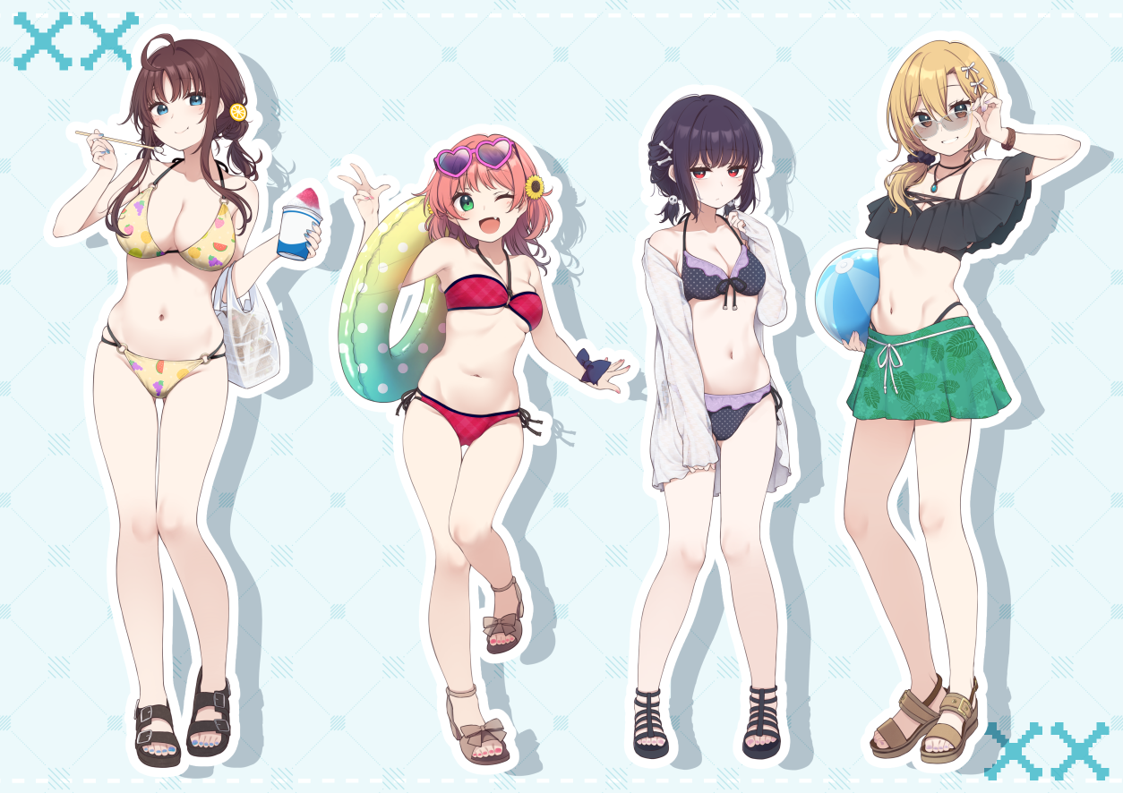 nagami yuu, original, commentary request, :t, ;d, ahoge, arm up, bag, ball, bare arms, bare shoulders, beachball, bikini, black bikini, black hair, black sandals, black scrunchie, blonde hair, blue background, blue bow, blue eyes, blue nails, bone hair ornament, border, bow, breasts, brown bikini, brown eyes, brown hair, brown sandals, cartoon bone, cleavage, closed mouth, collarbone, cup, disposable cup, eating, eyewear on head, flower, food, food print, frilled bikini, frills, fruit print, full body, gluteal fold, green eyes, groin, hair between eyes, hair bow, hair flower, hair ornament, hair over shoulder, hair scrunchie, halterneck, hand up, hands up, heart, heart-shaped eyewear, highleg, highleg bikini, holding, holding ball, holding cup, holding spoon, innertube, jacket, jewelry, large breasts, long hair, looking at viewer, low ponytail, low twintails, medium breasts, multi-strapped bikini bottom, nail polish, navel, o-ring, o-ring bikini, o-ring bottom, o-ring top, off-shoulder bikini, off shoulder, one eye closed, open-toe shoes, open mouth, pendant, pink-framed eyewear, pink nails, plastic bag, ponytail, print bikini, red bikini, red eyes, sandals, scrunchie, shaved ice, short hair, short twintails, side-tie bikini bottom, skindentation, skull hair ornament, smile, spoon, standing, standing on one leg, sunflower, sunflower hair ornament, sunglasses, swim ring, swimsuit, thigh gap, toenail polish, toenails, twintails, w, white border, white bow, white jacket, wrist bow, yakisoba, yellow flower