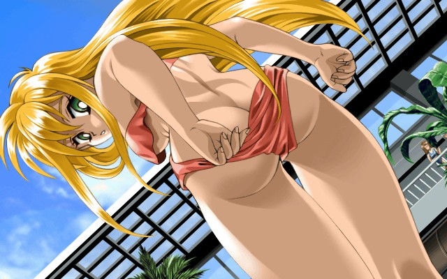 tina (kakyuusei), kakyuusei, kakyuusei (series), game cg, tagme, 1girl, ass, bikini, blonde hair, female focus, green eyes, solo, swimsuit