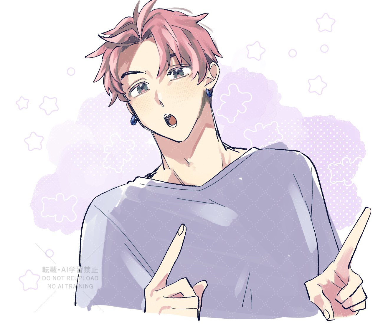enjoji jin, dandadan, commentary, 1boy, asxxiz, brown eyes, double finger gun, finger gun, index finger raised, looking at viewer, male focus, open mouth, purple shirt, red hair, shirt, short hair, solo, star (symbol), stuffed animal, stuffed toy, teddy bear, upper body