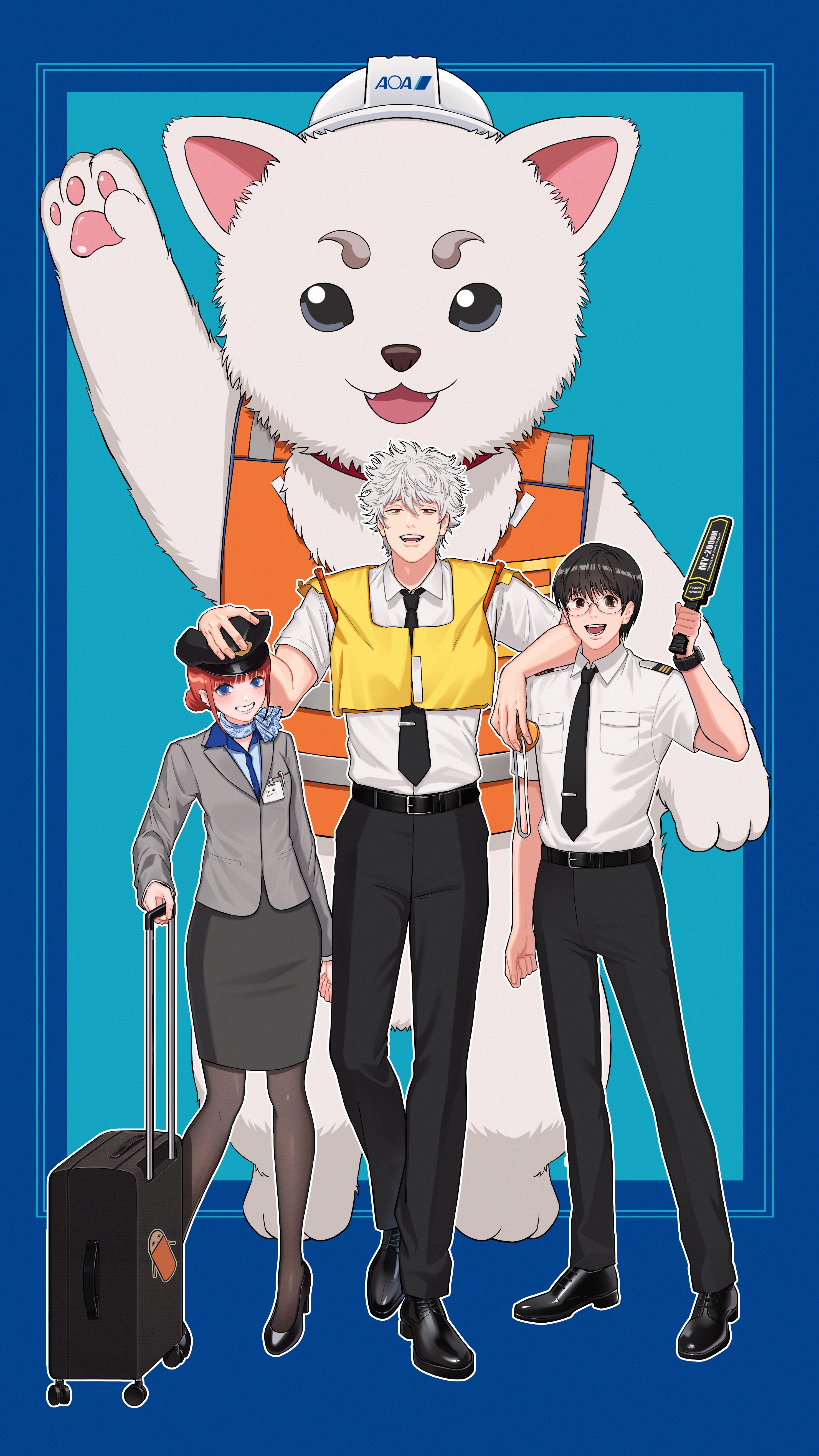 kiunchiku, justaway, kagura (gintama), sadaharu, sakata gintoki, shimura shinpachi, gintama, absurdres, commentary request, highres, 1girl, 2boys, animal, belt, belt buckle, black hair, black hat, black necktie, black pants, black pantyhose, black shoes, black skirt, blue background, breast pocket, brown eyes, buckle, collared shirt, dog, flight attendant, full body, glass, grey jacket, grin, hand on another's head, hand on handle, handheld metal detector, hat, high-visibility clothing, high heels, holding, id card, jacket, lapels, looking at viewer, multiple boys, neckerchief, necktie, office lady, open mouth, orange hair, oversized animal, pants, pantyhose, parted lips, peaked cap, pencil skirt, pocket, red eyes, rolling suitcase, shirt, shirt tucked in, shoes, skirt, smile, standing, suitcase, tie clip, travel attendant, watch, white hair, white shirt, wing collar, wristwatch