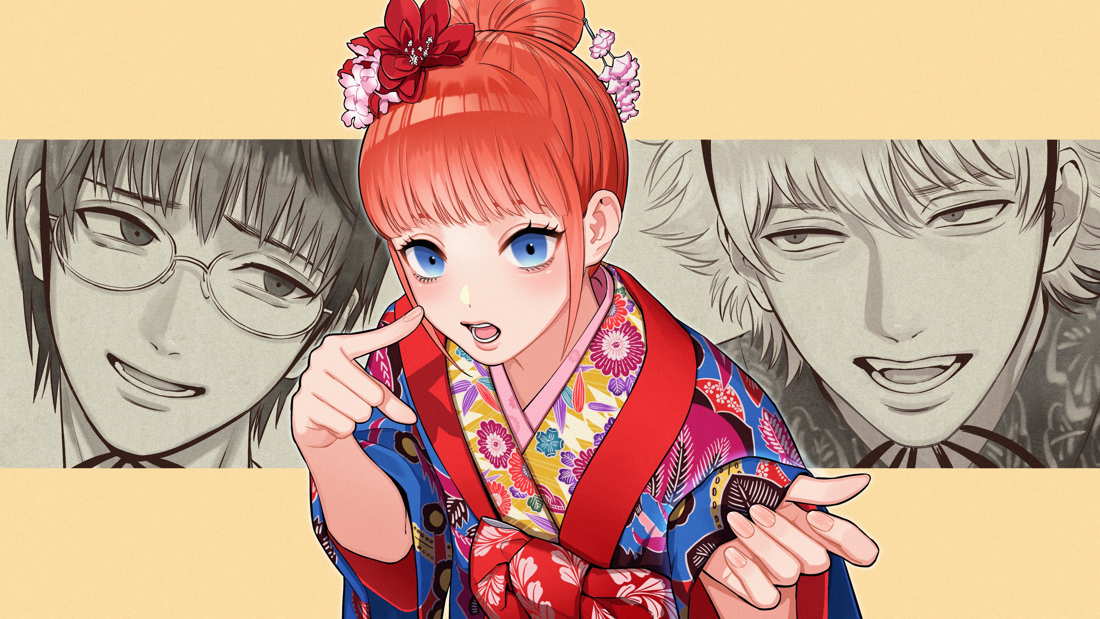 kiunchiku, kagura (gintama), sakata gintoki, shimura shinpachi, gintama, absurdres, commentary, highres, 1girl, 2boys, blue eyes, blush, floral print, floral print kimono, flower, glasses, hair bun, hair flower, hair ornament, japanese clothes, kimono, looking at viewer, multiple boys, nihongami, open mouth, orange hair, pink flower, pointing, print kimono, red flower, sanpaku, short hair, sideways glance, solo focus, upper body, wide sleeves, yukata