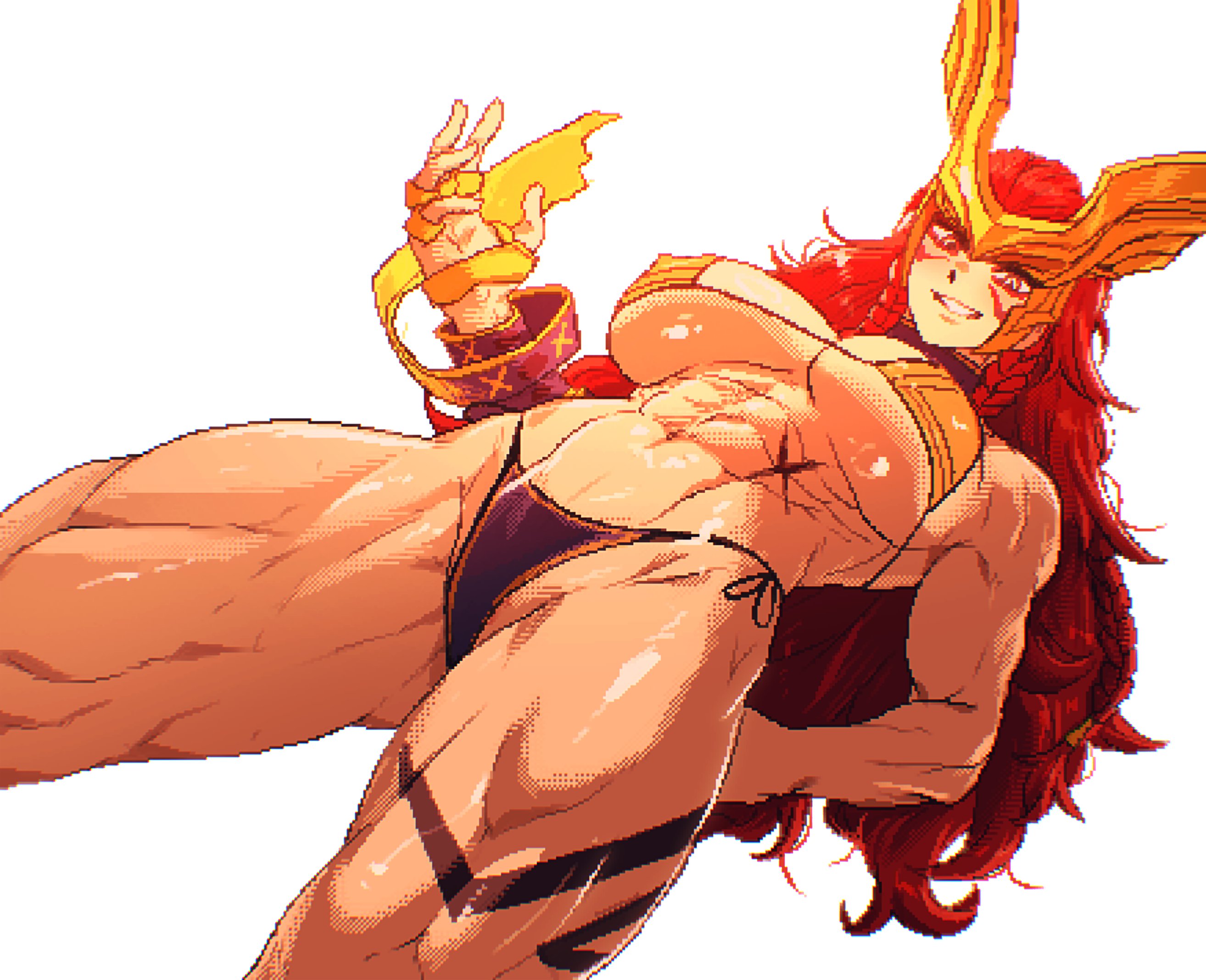 spoiledmuffin, marvel, marvel rivals, highres, abs, angela (marvel), bare arms, bare legs, biceps, bikini, braid, breasts, clenched teeth, curly hair, from below, gluteal fold, groin, hand on own ass, leg tattoo, long hair, looking down, muscular, muscular female, navel, quads, red hair, scar, scar on stomach, smile, swimsuit, tattoo, teeth, twin braids, underboob, white background, yellow eyes