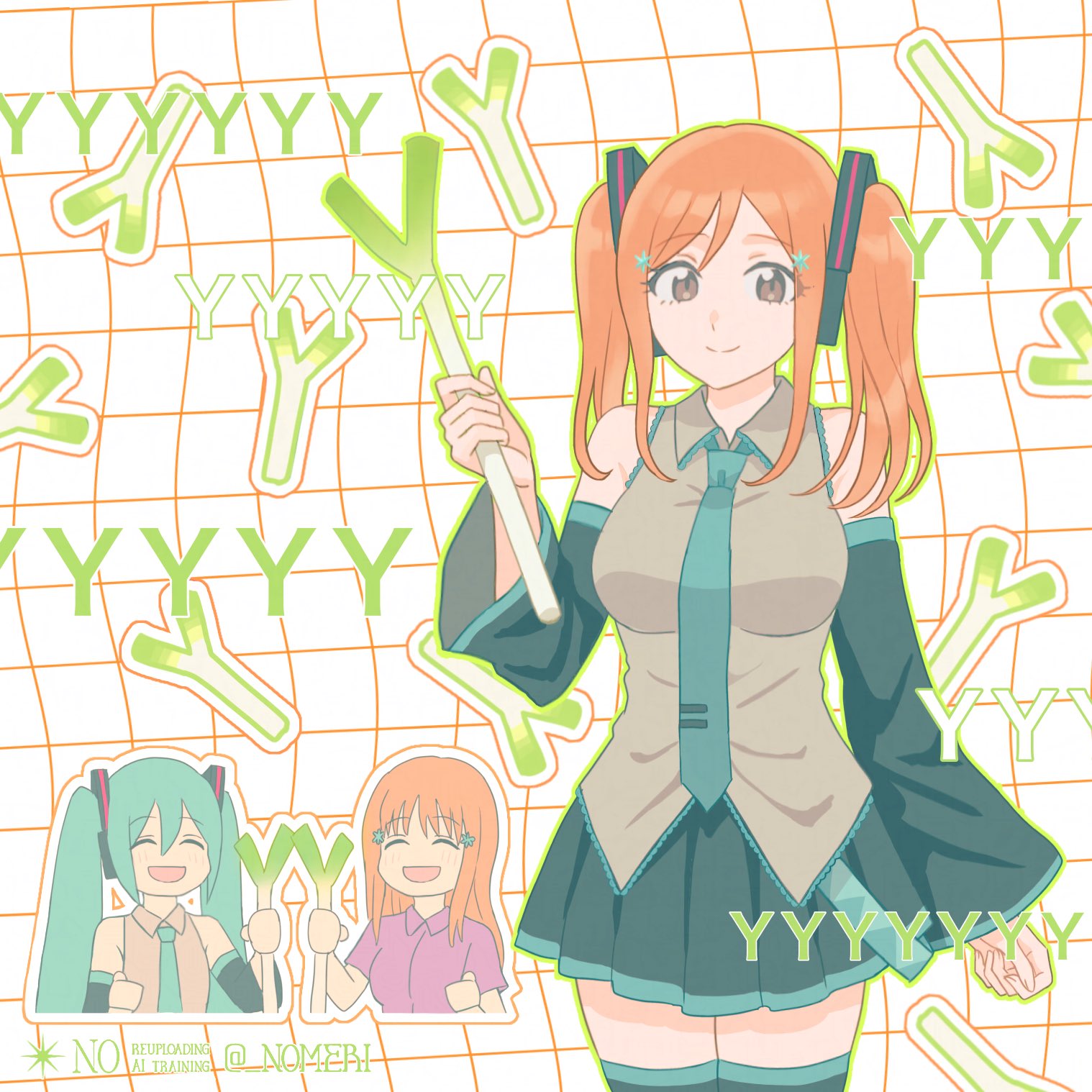 meri~nu, hatsune miku, inoue orihime, bleach, vocaloid, commentary request, highres, 2girls, aqua hair, aqua necktie, bare shoulders, black skirt, black sleeves, breasts, brown eyes, closed mouth, collared shirt, cosplay, cowboy shot, crossover, detached sleeves, facing another, food, grey shirt, hair ornament, hairclip, hatsune miku (cosplay), holding, holding food, holding spring onion, holding vegetable, large breasts, long hair, looking at viewer, miniskirt, multiple girls, necktie, open mouth, orange hair, pink shirt, pleated skirt, shirt, skirt, sleeveless, sleeveless shirt, smile, spring onion, thighhighs, twintails, upper body, vegetable, zettai ryouiki