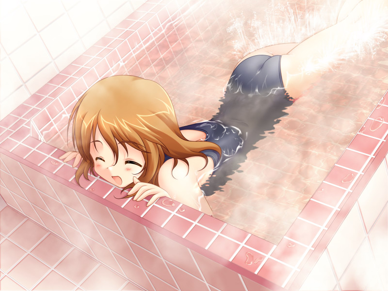 fujiwara warawara, itou wakaba, yunohana, game cg, 1girl, ass, bath, bathtub, blush, brown hair, closed eyes, dutch angle, female focus, happy, lying, one-piece swimsuit, school swimsuit, short hair, smile, solo, splashing, steam, swimming, swimsuit, tiles, water