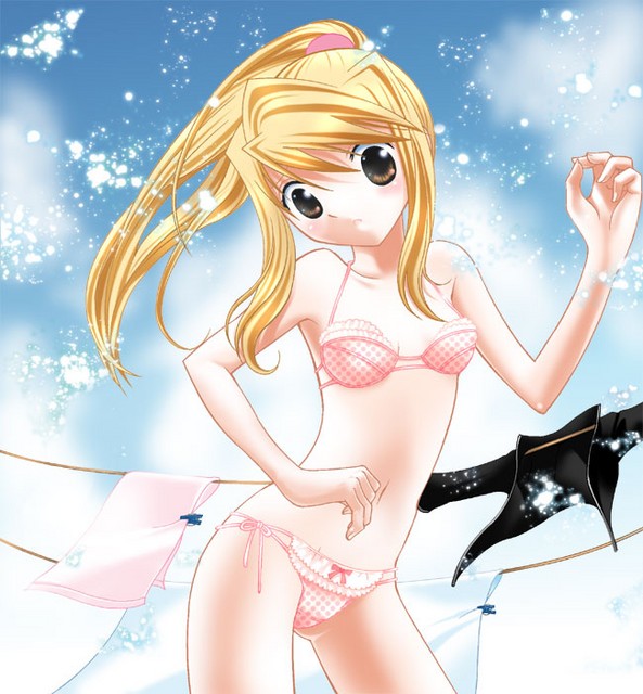 yaotetsu, winry rockbell, fullmetal alchemist, 1girl, black jacket, blonde hair, blush, bow, bow panties, bra, breasts, brown eyes, clothesline, cloud, collarbone, frilled bra, frilled panties, frills, jacket, light particles, long hair, looking down, navel, open mouth, panties, pink bow, pink bra, pink panties, polka dot, polka dot bra, polka dot panties, ponytail, side-tie panties, sky, small breasts, standing, swimsuit, towel, underwear, unworn jacket