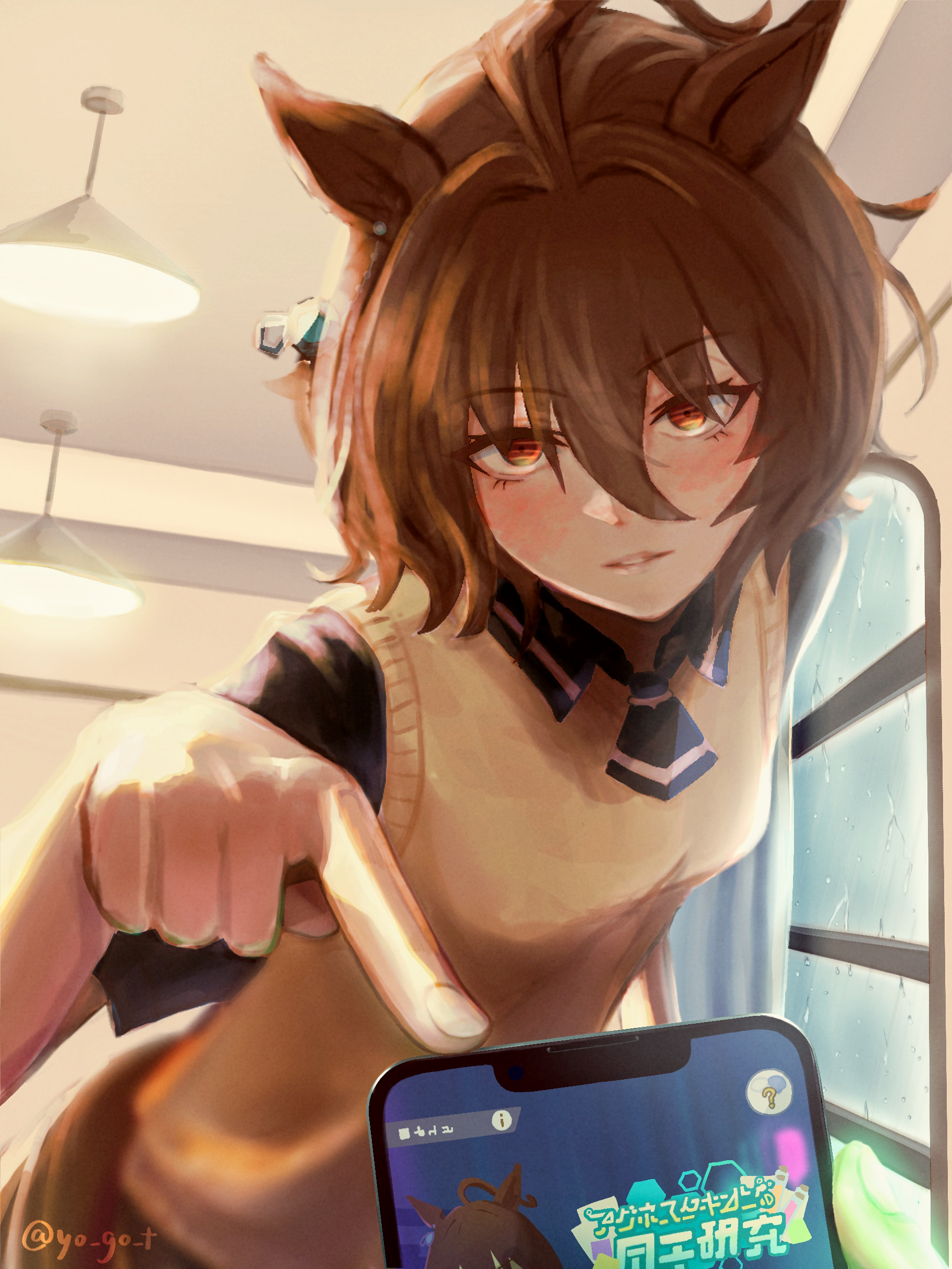 yogoto (yo go t), agnes tachyon (umamusume), umamusume, absurdres, highres, variant set, 1girl, ahoge, animal ears, artist name, black necktie, black shirt, brown hair, ceiling light, cellphone, chemical structure, collared shirt, ear ornament, earrings, hair between eyes, hair intakes, holding, holding phone, horse ears, horse girl, index finger raised, indoors, jewelry, necktie, phone, pov, red eyes, shirt, short-sleeved sweater, short hair, short necktie, short sleeves, single earring, smartphone, solo, sweater, twitter username, window, yellow sweater