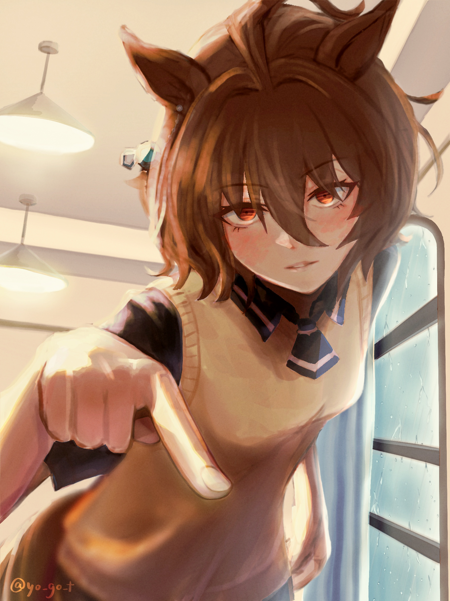 yogoto (yo go t), agnes tachyon (umamusume), umamusume, absurdres, highres, variant set, 1girl, ahoge, animal ears, artist name, black necktie, black shirt, brown hair, ceiling light, chemical structure, collared shirt, ear ornament, earrings, hair between eyes, hair intakes, horse ears, horse girl, index finger raised, indoors, jewelry, necktie, red eyes, shirt, short-sleeved sweater, short hair, short necktie, short sleeves, single earring, solo, sweater, twitter username, window, yellow sweater