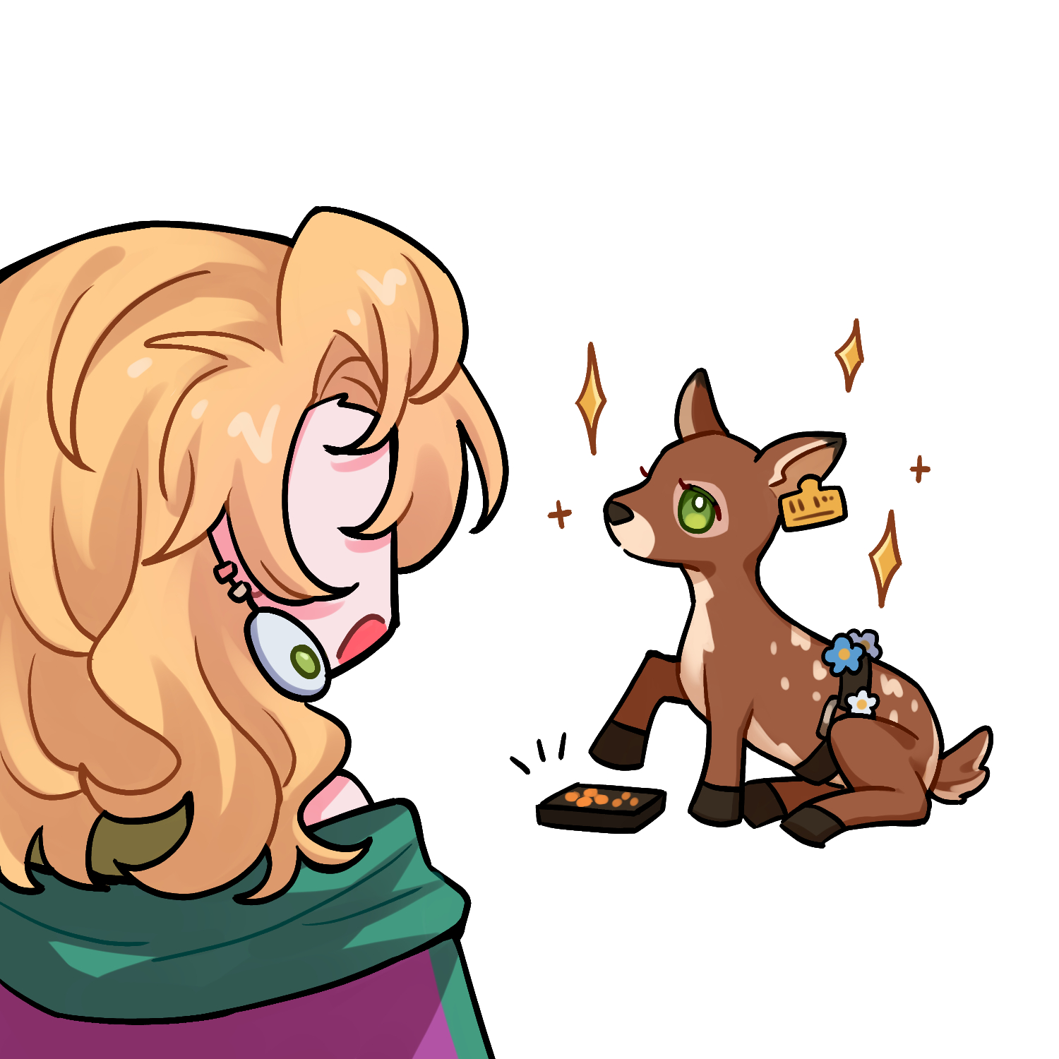 haihaiera, blonney, jessica (reverse:1999), reverse:1999, highres, 1girl, animalization, bare shoulders, blonde hair, blue flower, chibi, controller, deer, ear tag, earrings, facing animal, flower, jacket, jewelry, long hair, off shoulder, open mouth, purple jacket, remote control, sitting, solo, sparkle, upper body, white background, white flower