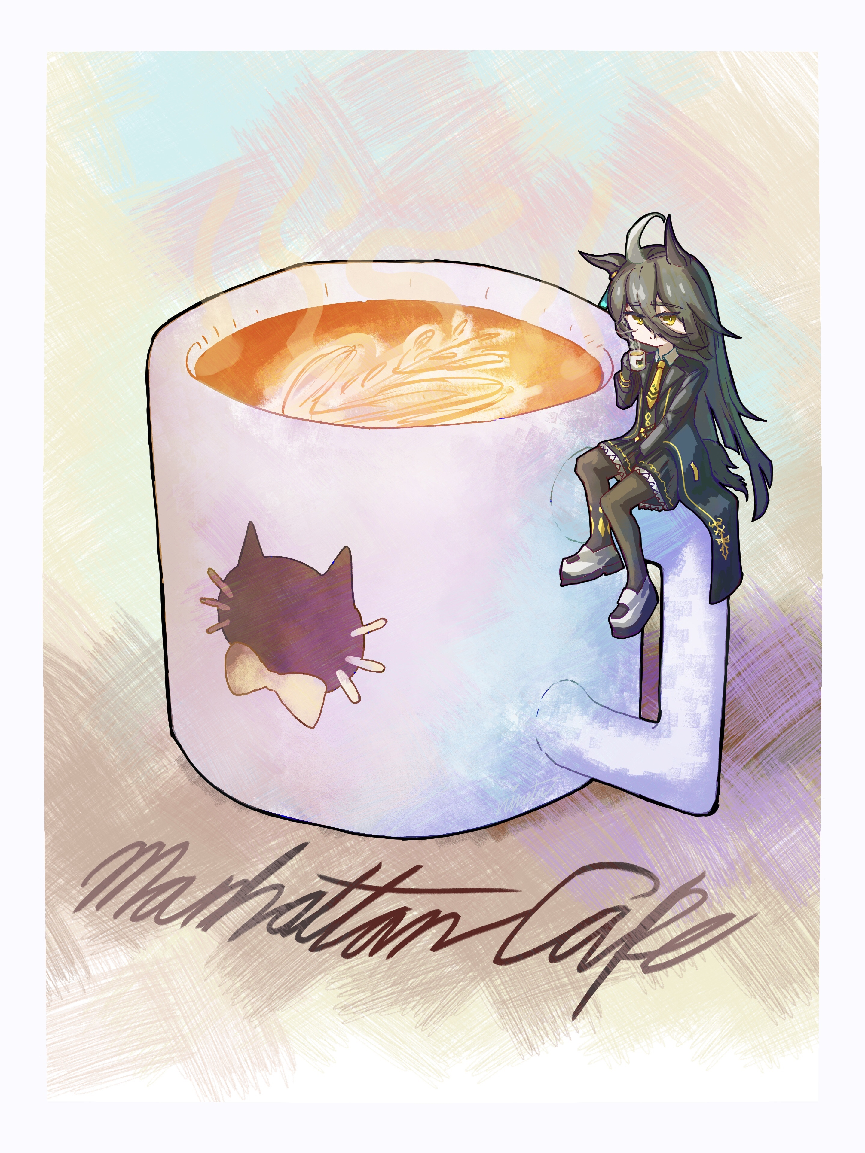 manhattan cafe (umamusume), umamusume, absurdres, highres, 1girl, ahoge, animal ears, animal print, black coat, black gloves, black hair, black shirt, black skirt, brown pantyhose, cat print, character name, coat, coffee, coffee mug, contrast collar, cowboy shot, cup, ear ornament, ear tag, earrings, frilled skirt, frills, gloves, hair between eyes, hand between thighs, hand up, holding, holding cup, horse ears, horse girl, horse tail, jewelry, latte art, long bangs, long hair, long hair between eyes, long sleeves, mini person, minigirl, mug, multicolored hair, necktie, open clothes, open coat, pantyhose, pleated skirt, rin's tea, shirt, shoes, single earring, sitting, skirt, solo, steam, tail, very long hair, white hair, white shoes, yellow eyes, yellow necktie