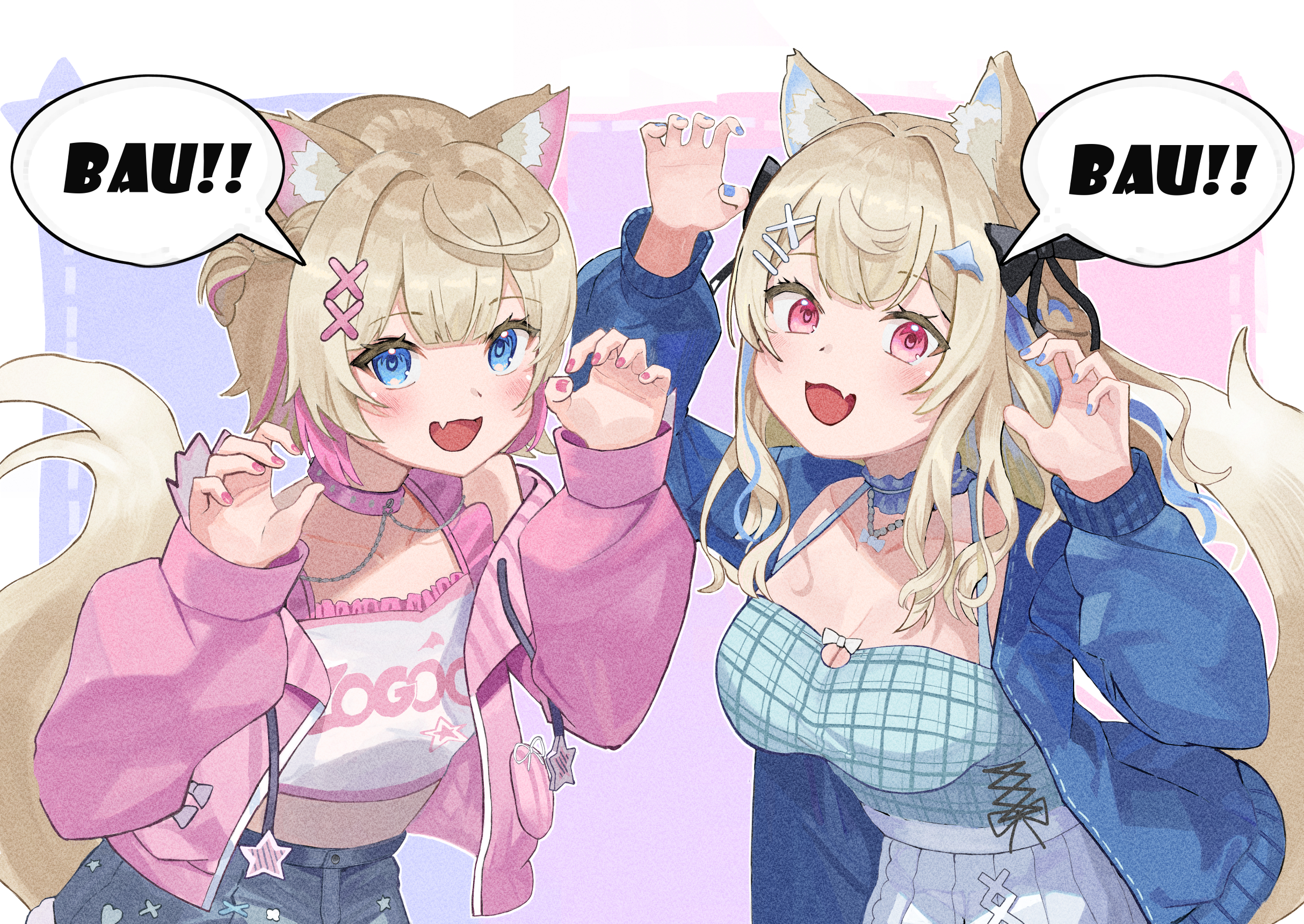 aki (aki freedom), fuwawa abyssgard, fuwawa abyssgard (casual), mococo abyssgard, mococo abyssgard (casual), hololive, hololive english, commentary, highres, 2girls, animal collar, animal ear fluff, animal ears, blonde hair, blue camisole, blue eyes, blue jacket, blue nails, blush, breasts, camisole, checkered clothes, claw pose, clothing cutout, collar, cowboy shot, denim, denim skirt, dog ears, dog girl, dog tail, english text, fang, flat chest, frilled straps, hair ornament, hairclip, hands up, jacket, jewelry, large breasts, long hair, looking at viewer, multicolored hair, multiple girls, navel, navel cutout, necklace, open mouth, parallel hairclips, pink eyes, pink jacket, pink nails, pleated skirt, short hair, siblings, sisters, skin fang, skirt, speech bubble, standing, streaked hair, tail, twins, virtual youtuber, white camisole, wing hair ornament, x hair ornament