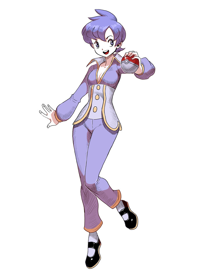 genzoman, anabel (pokemon), nintendo, pokemon, pokemon emerald, pokemon rse, commentary, english commentary, 1girl, black shoes, breasts, buttons, eyelashes, fingernails, full body, hatching (texture), holding, holding poke ball, long sleeves, open mouth, pants, poke ball, poke ball (basic), purple eyes, purple hair, purple pants, shoes, short hair, simple background, smile, socks, solo, standing, standing on one leg, teeth, upper teeth only, very short hair, white background, white socks